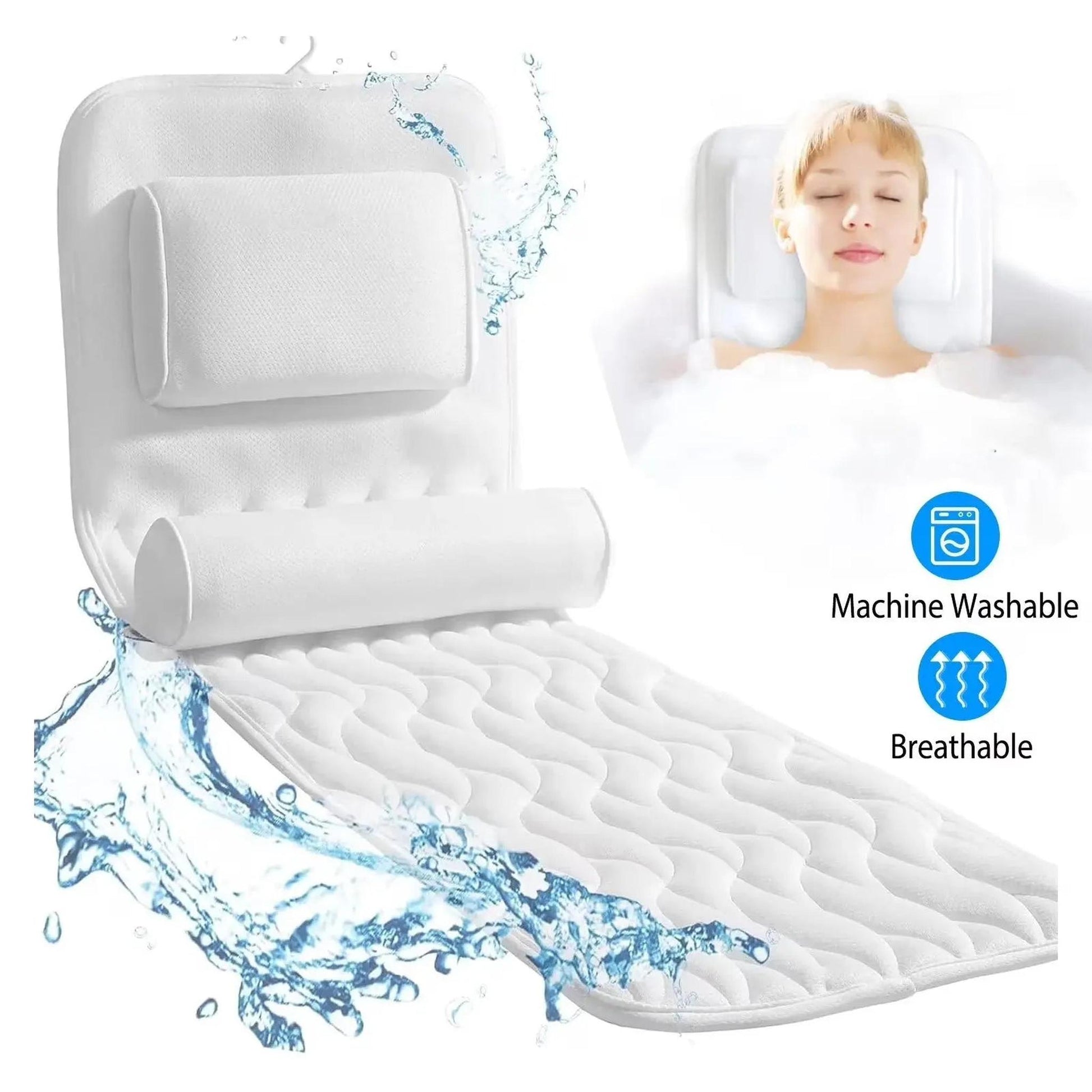 White full-body bath pillow with quilted cushion, headrest, and lumbar support.
