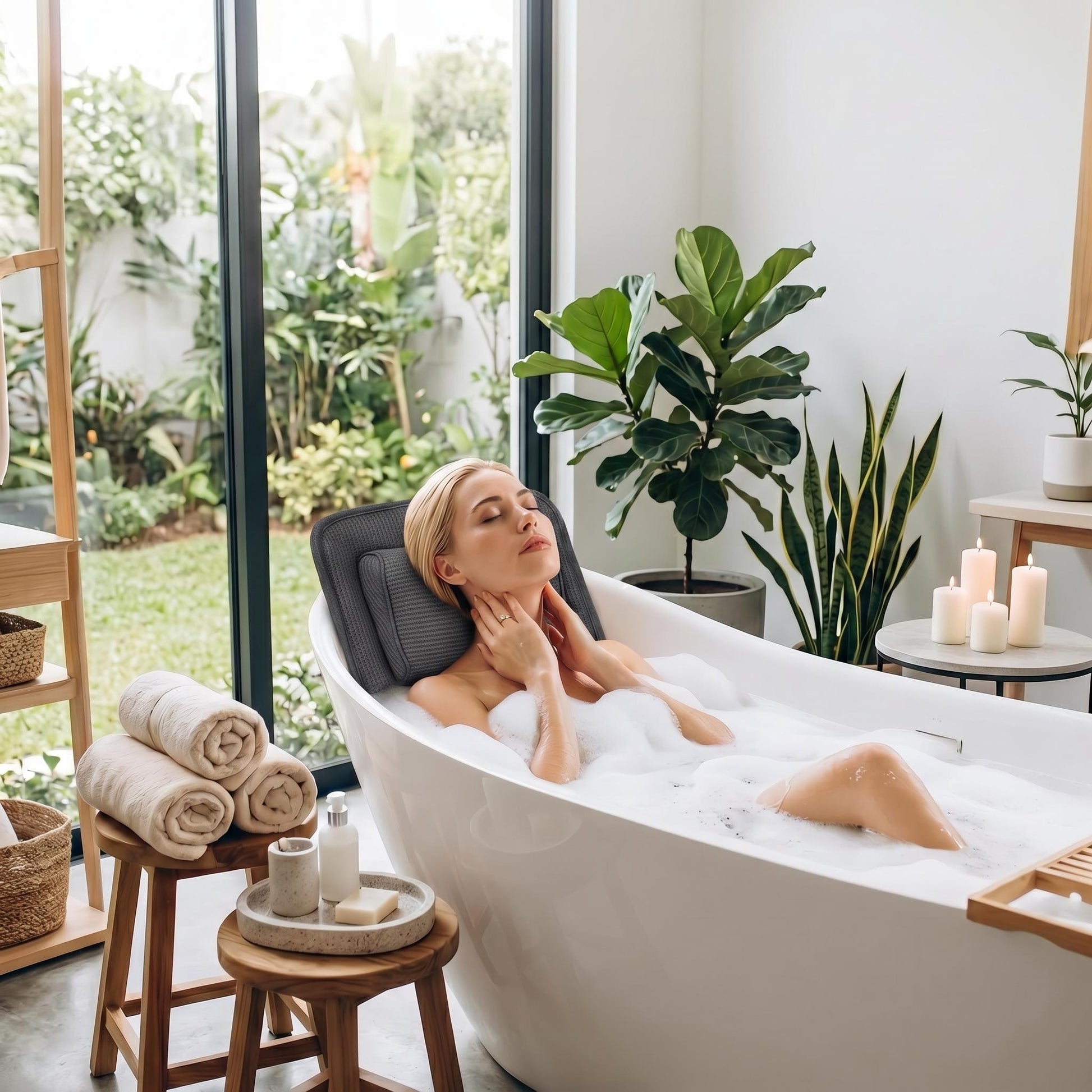 Woman relaxing in a bubble bath with a grey full body bath pillow supporting her head and neck.
