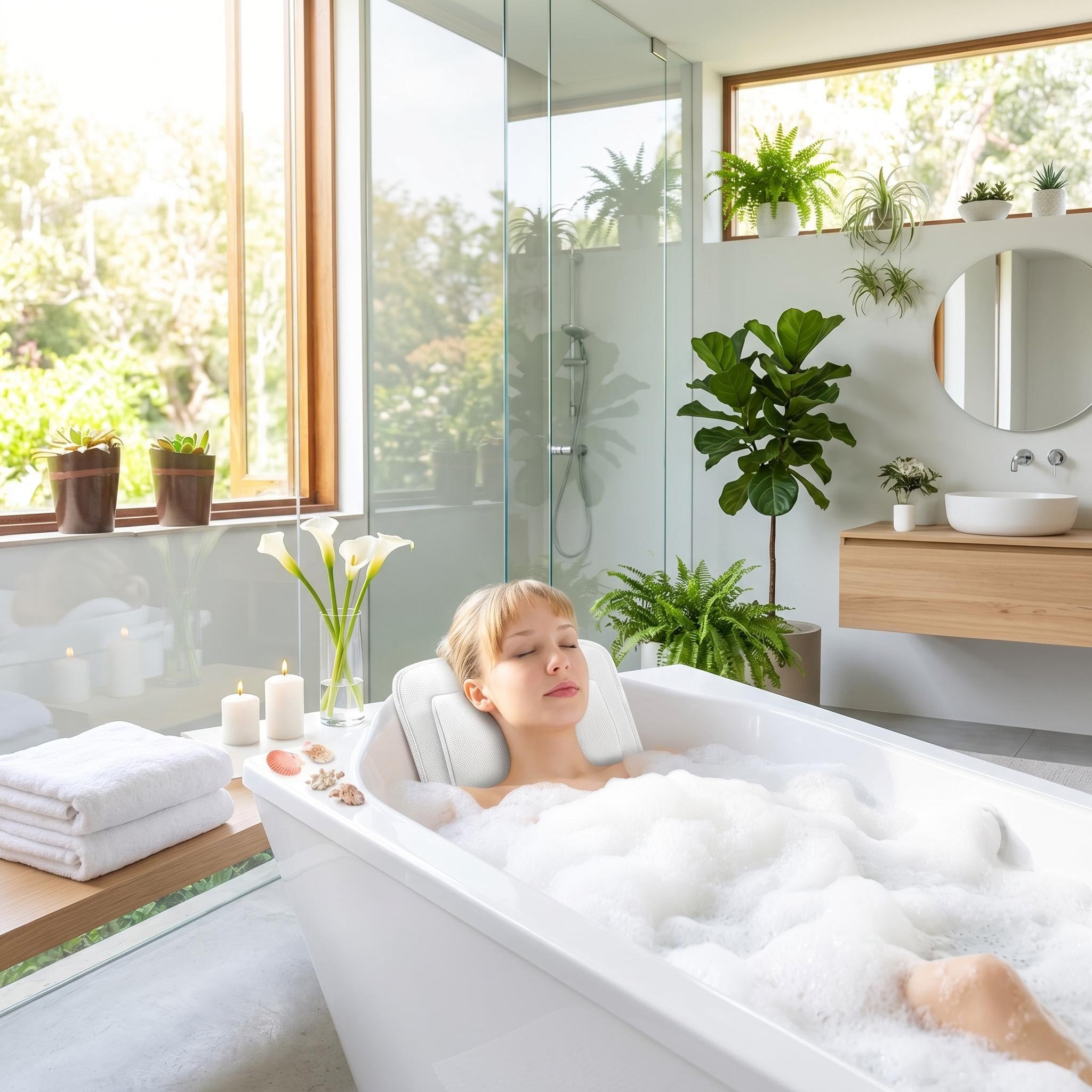 Woman relaxing in a bubble bath with a white mesh full-body bath pillow supporting her head and neck.