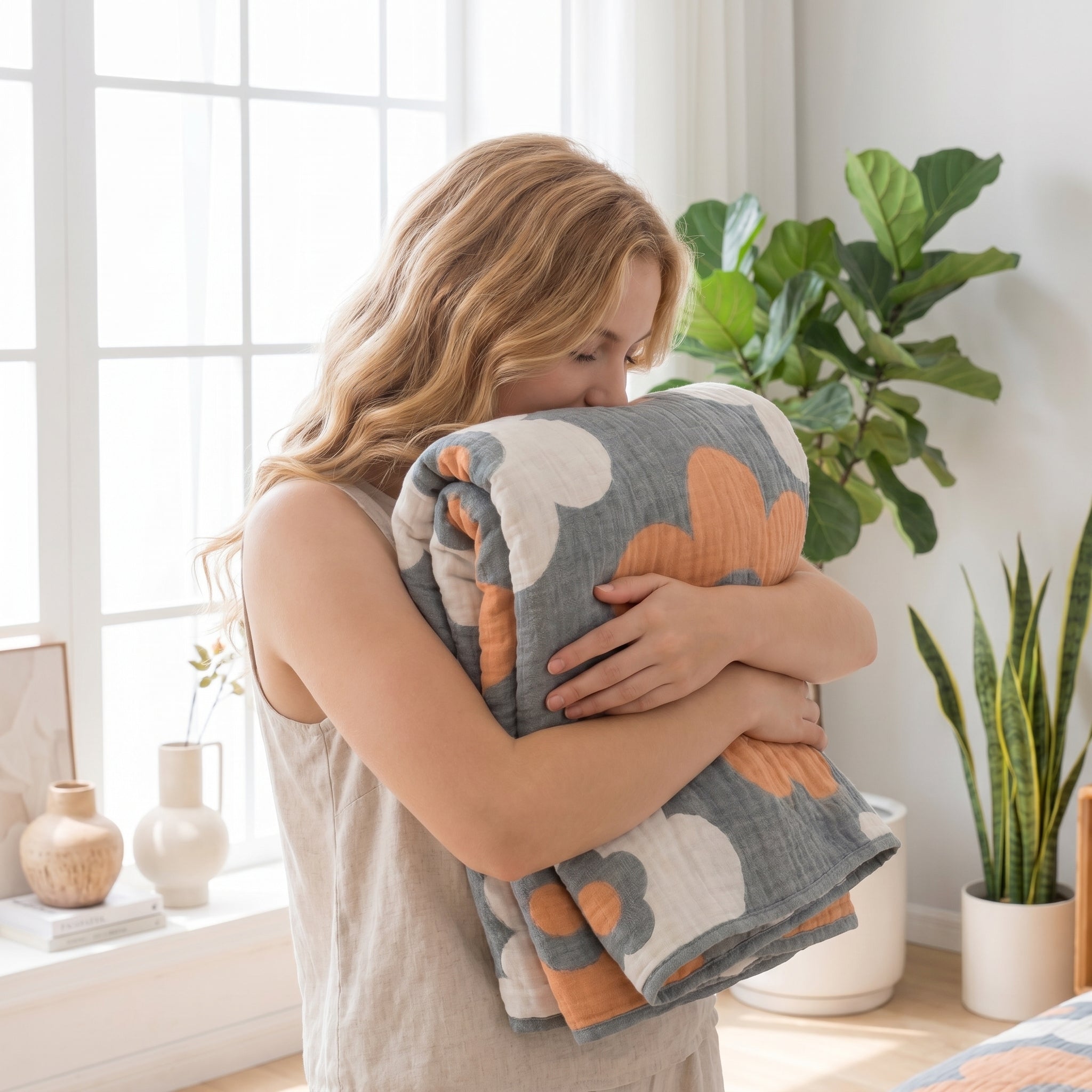 Woman hugging a soft, reversible 6-layer cotton gauze blanket with a gray, white, and peach floral design.