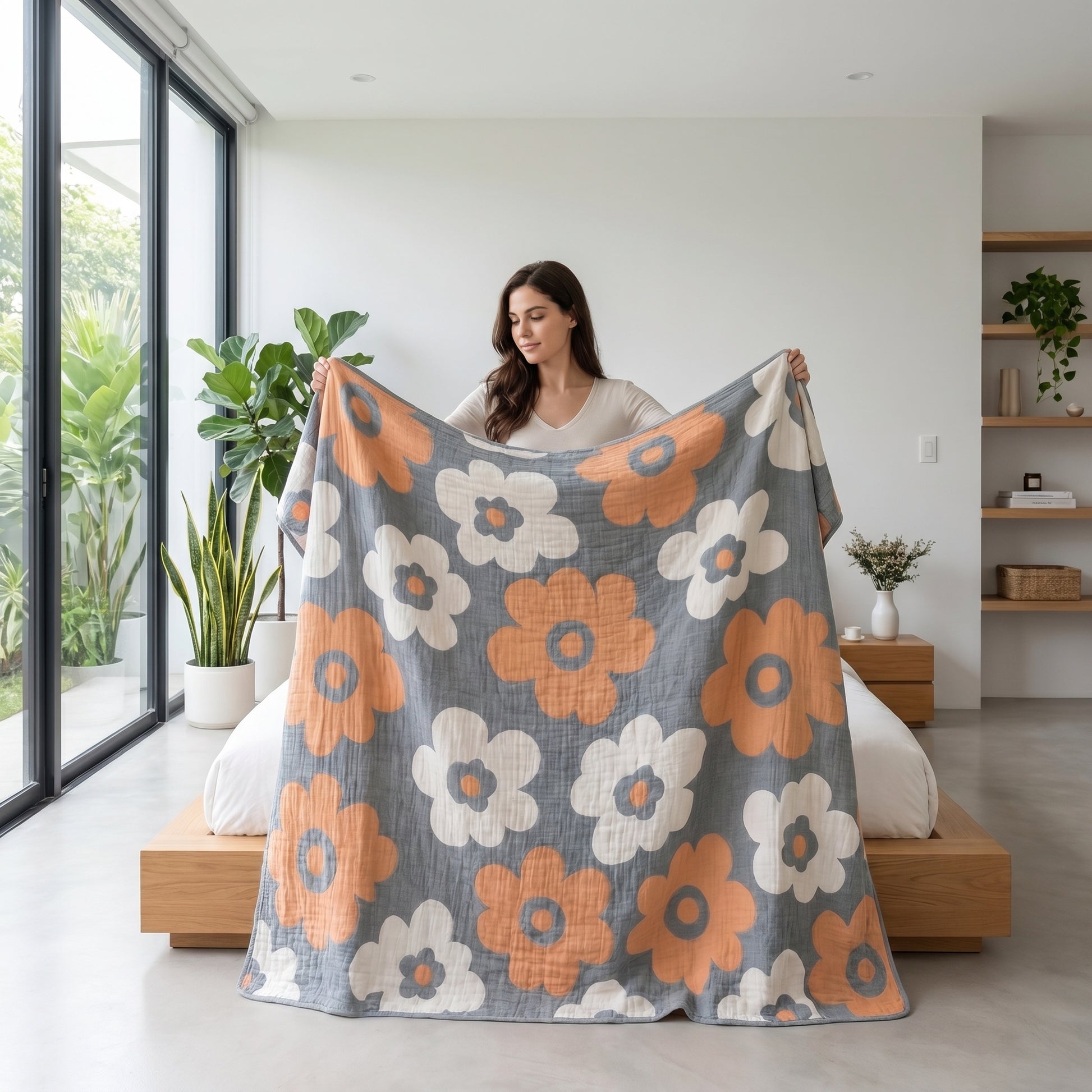 Woman holding a 6-layer cotton gauze blanket with large orange and white floral patterns on a grey background.