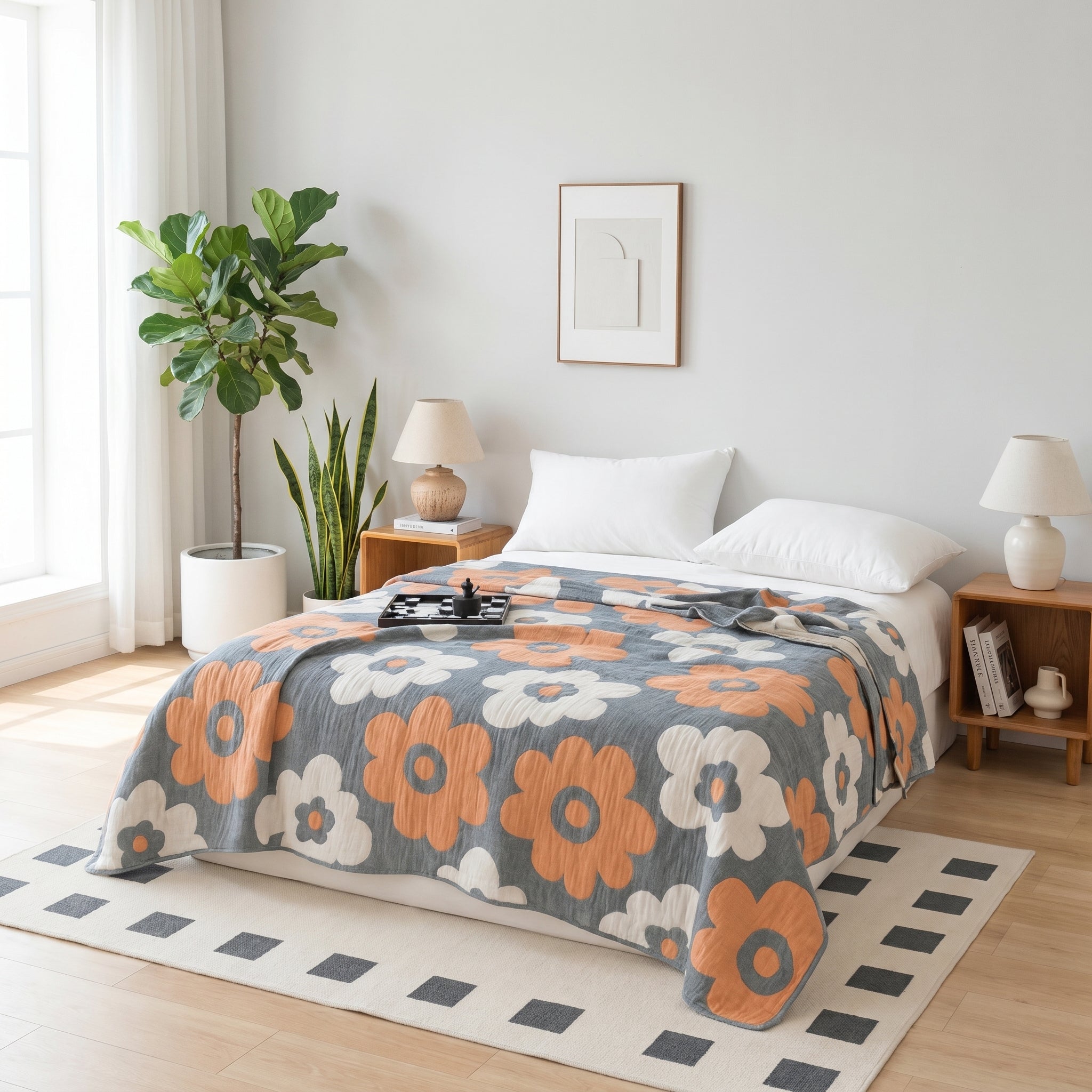 Gray and orange floral 6-layer cotton gauze blanket on a bed in a bright bedroom.
