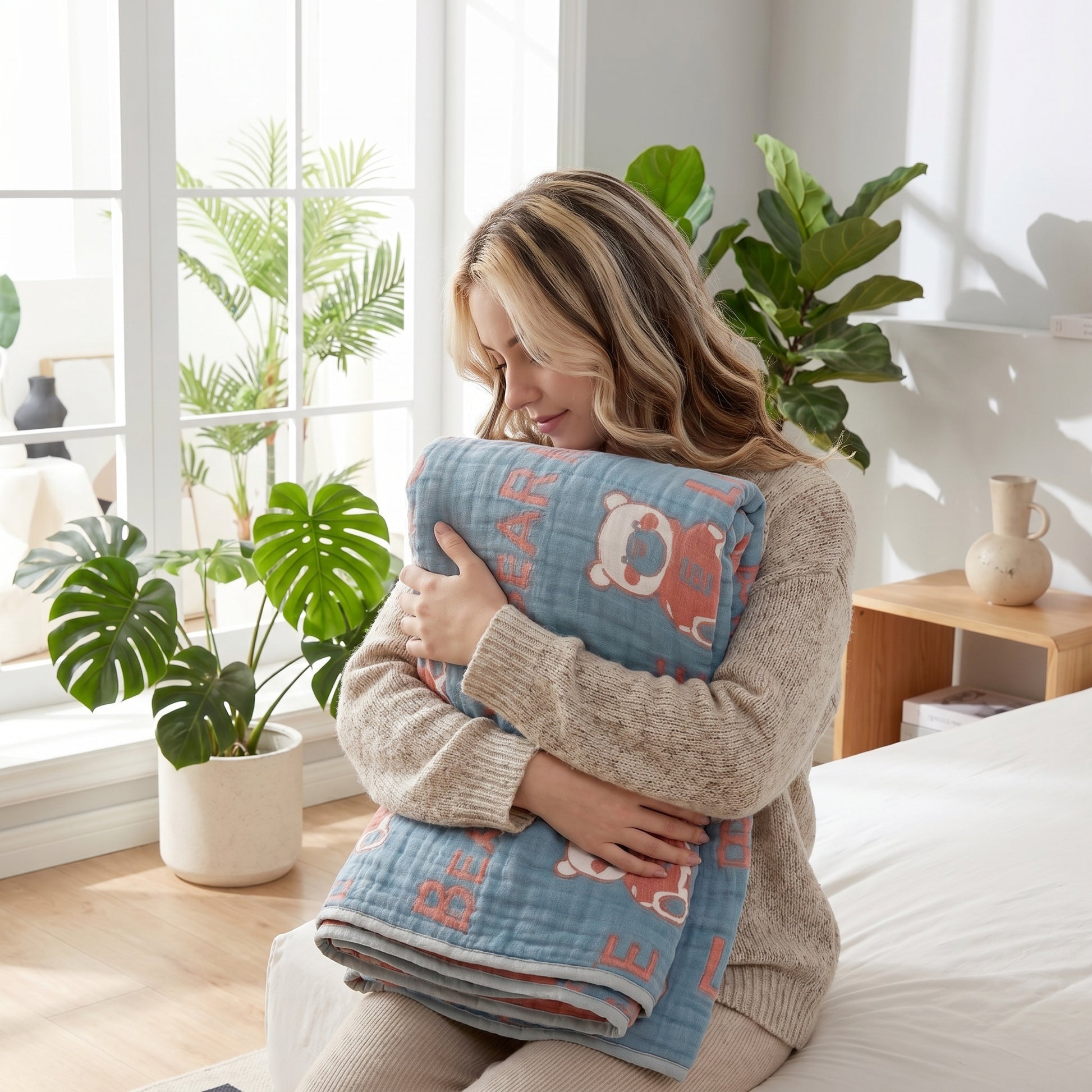 Woman hugging a soft, blue 6-layer cotton gauze blanket with a cute bear pattern.