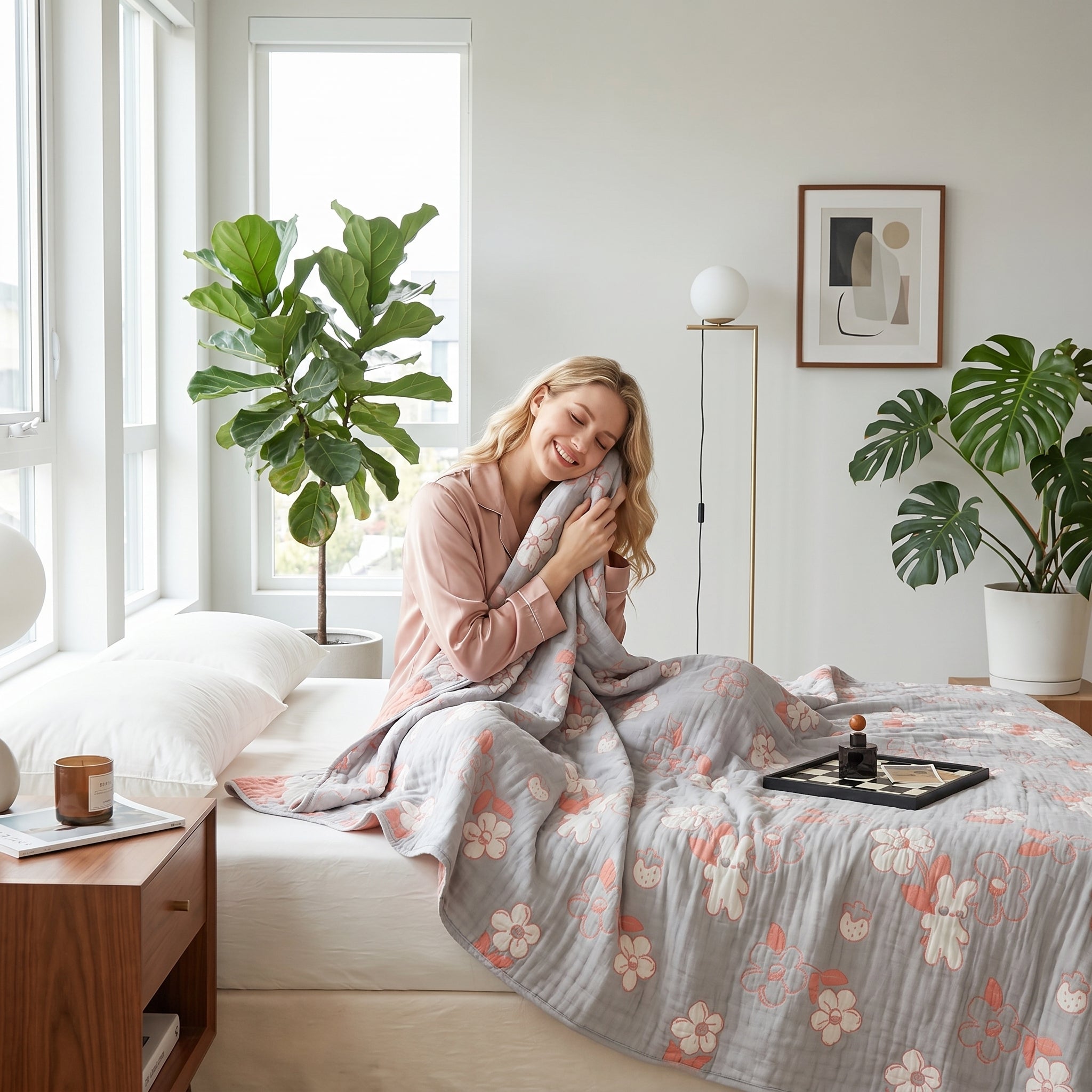 Blonde woman smiling, wrapped in a soft, reversible gray 6-layer cotton gauze blanket with pink floral patterns.