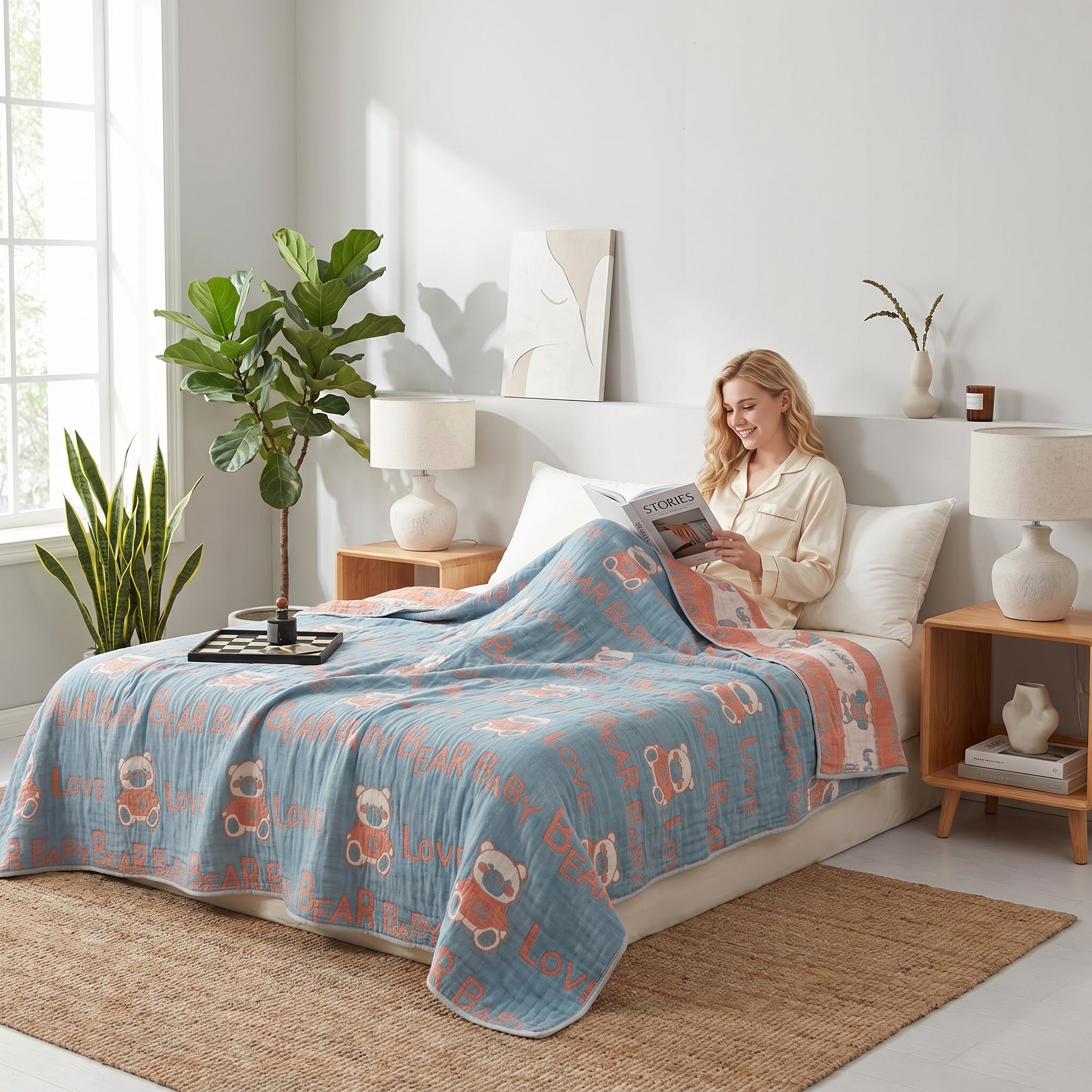 Woman on bed with a reversible blue and peach 6-layer cotton gauze blanket featuring bear and "LOVE" patterns.