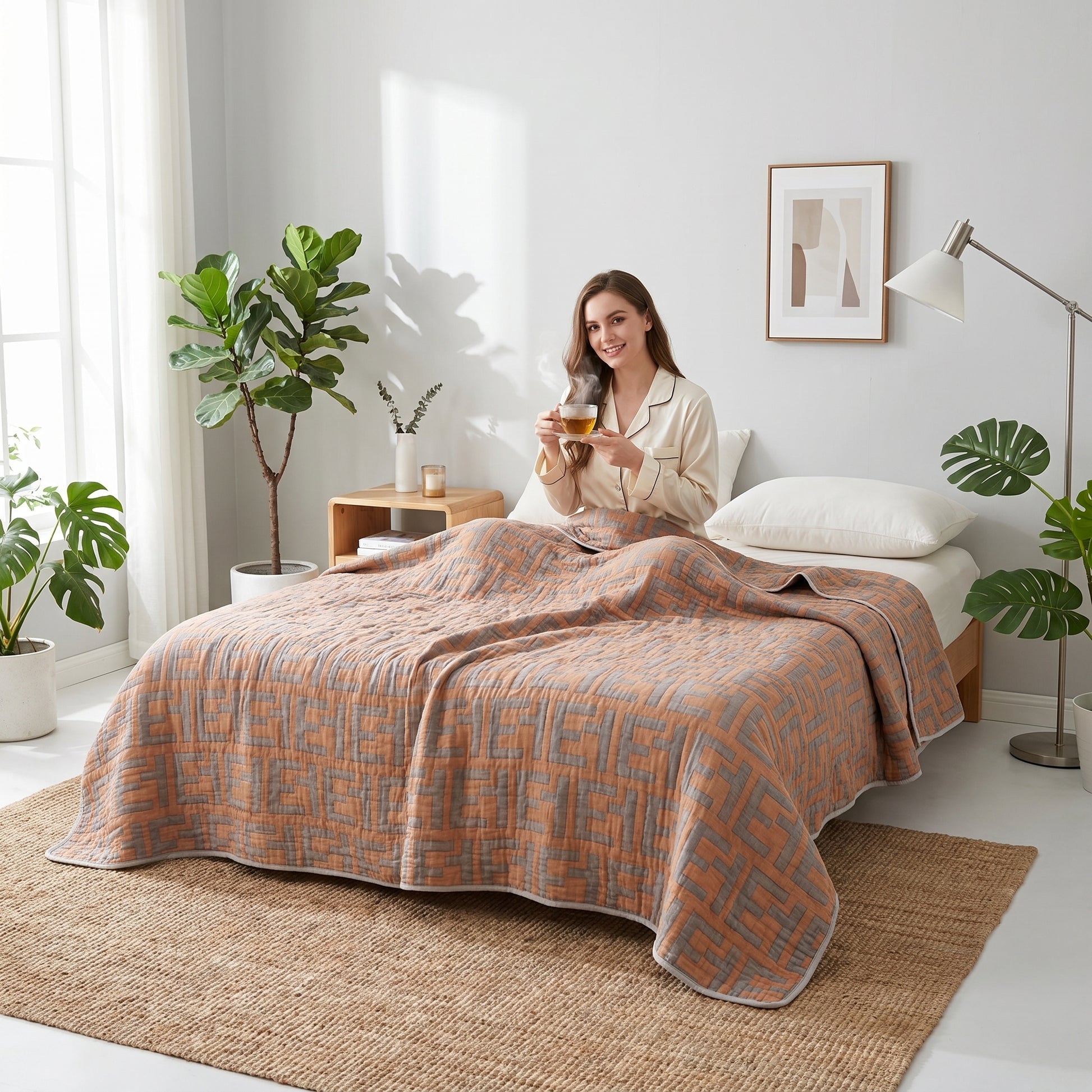 Woman on bed with a reversible orange and gray 6-layer cotton gauze blanket, 50x70 inches.