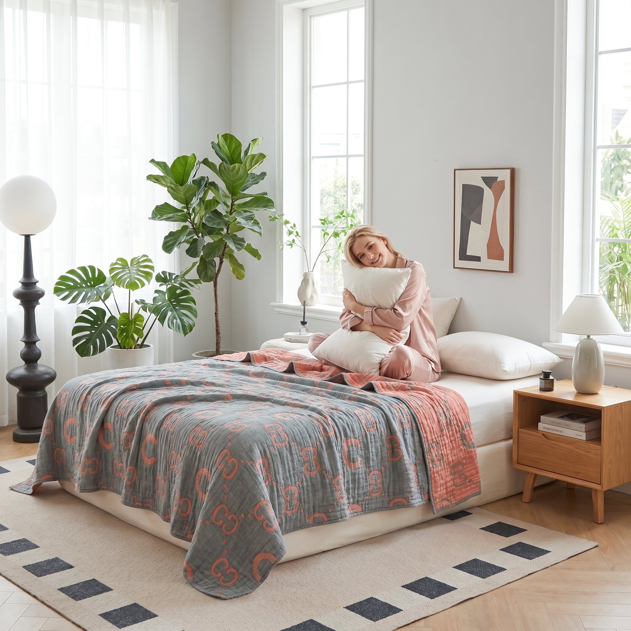 Woman on bed with a reversible 6-layer cotton gauze blanket, gray with peach pattern, peach reverse.