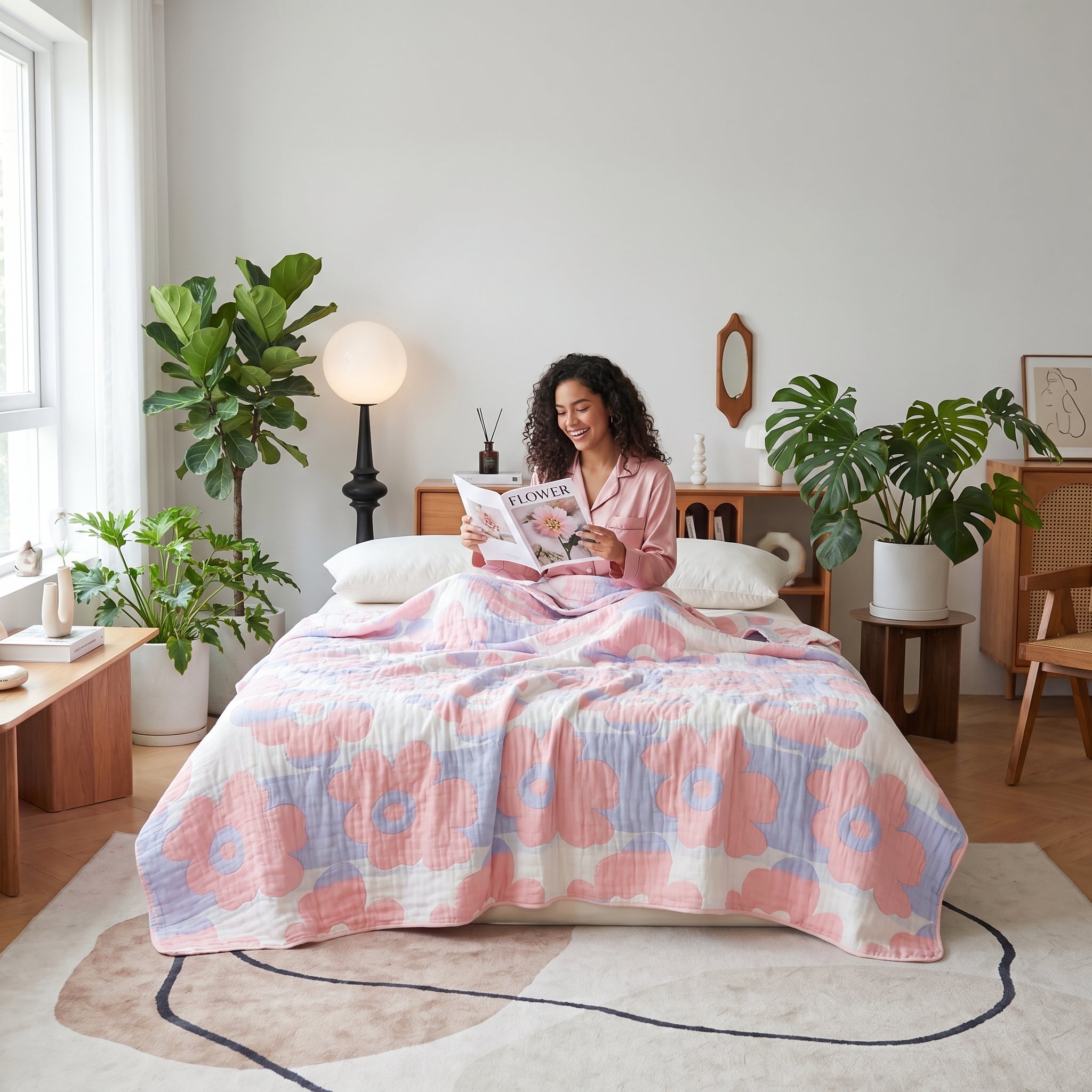 Woman in pink pajamas reading in bed under a pink and purple floral 6-layer cotton gauze blanket.