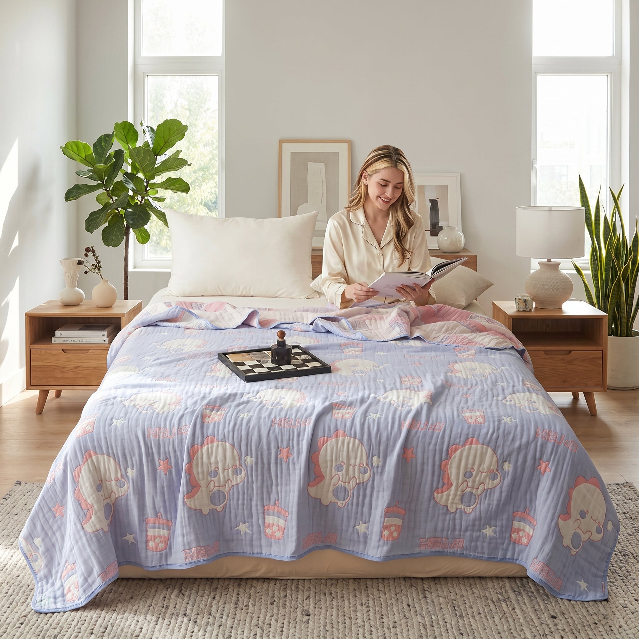 Reversible 6-layer cotton gauze blanket in lavender with cute cartoon animal print, draped on a bed.