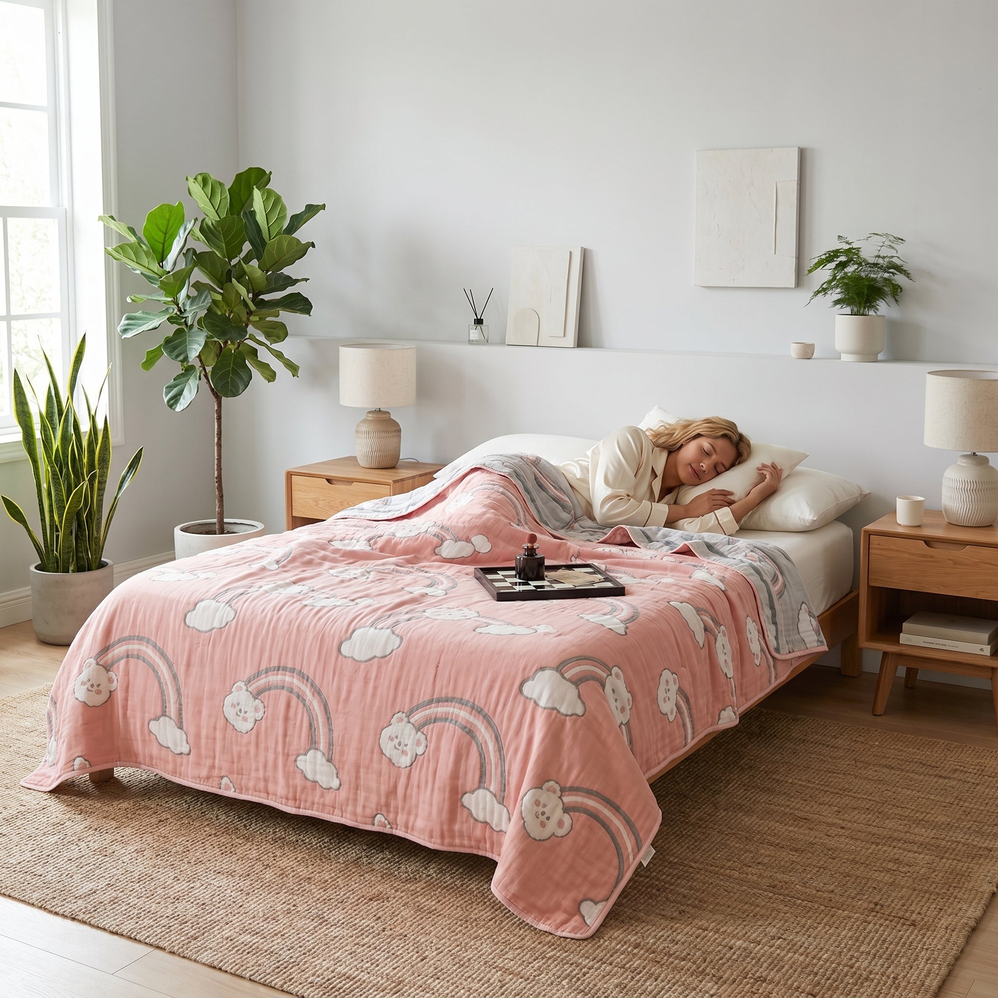 Pink 6-layer cotton gauze blanket with rainbow and cloud pattern on a bed with a sleeping person.