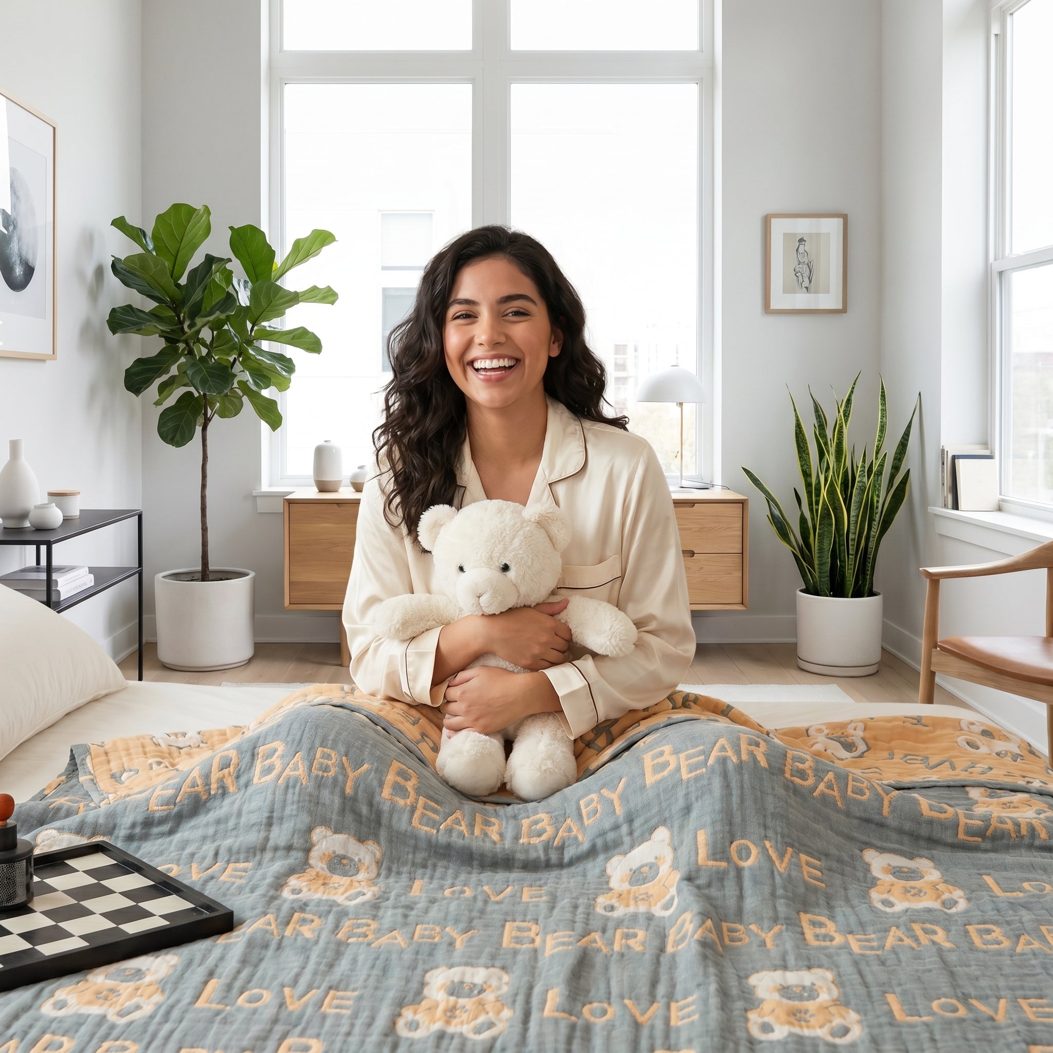 Smiling woman in silk pajamas holding a white teddy bear, sitting on a bed with a reversible gray and yellow 6-layer cotton gauze blanket.