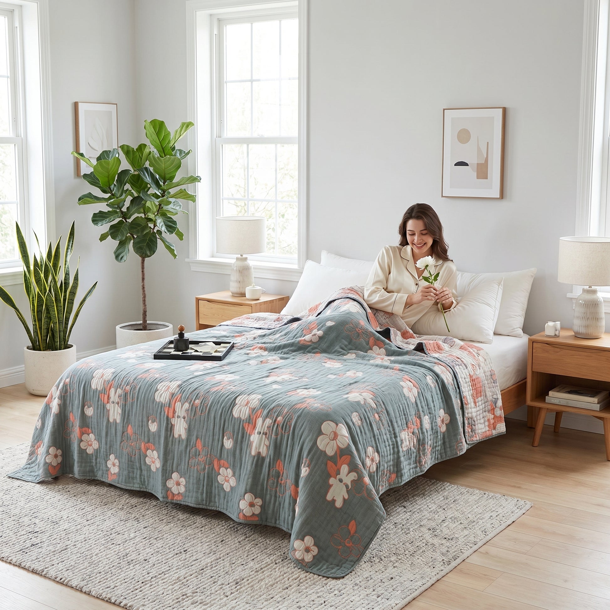 Woman on bed with a reversible 6-layer cotton gauze blanket featuring a sage green and coral floral design.