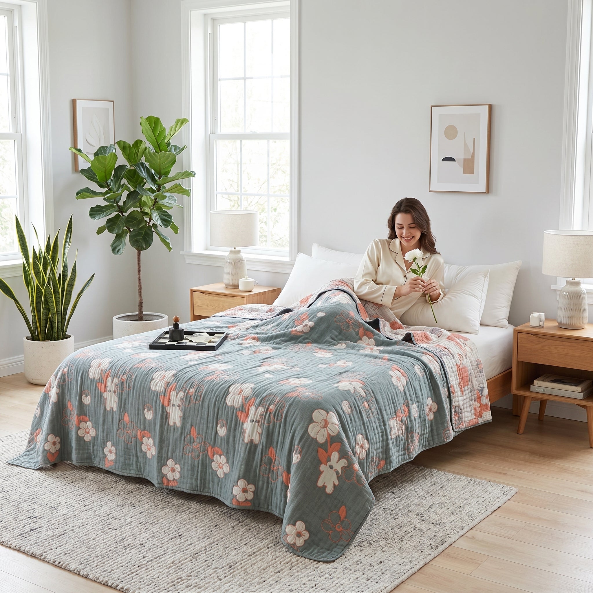 Woman on bed with a reversible 6-layer cotton gauze blanket featuring a sage green and coral floral design.