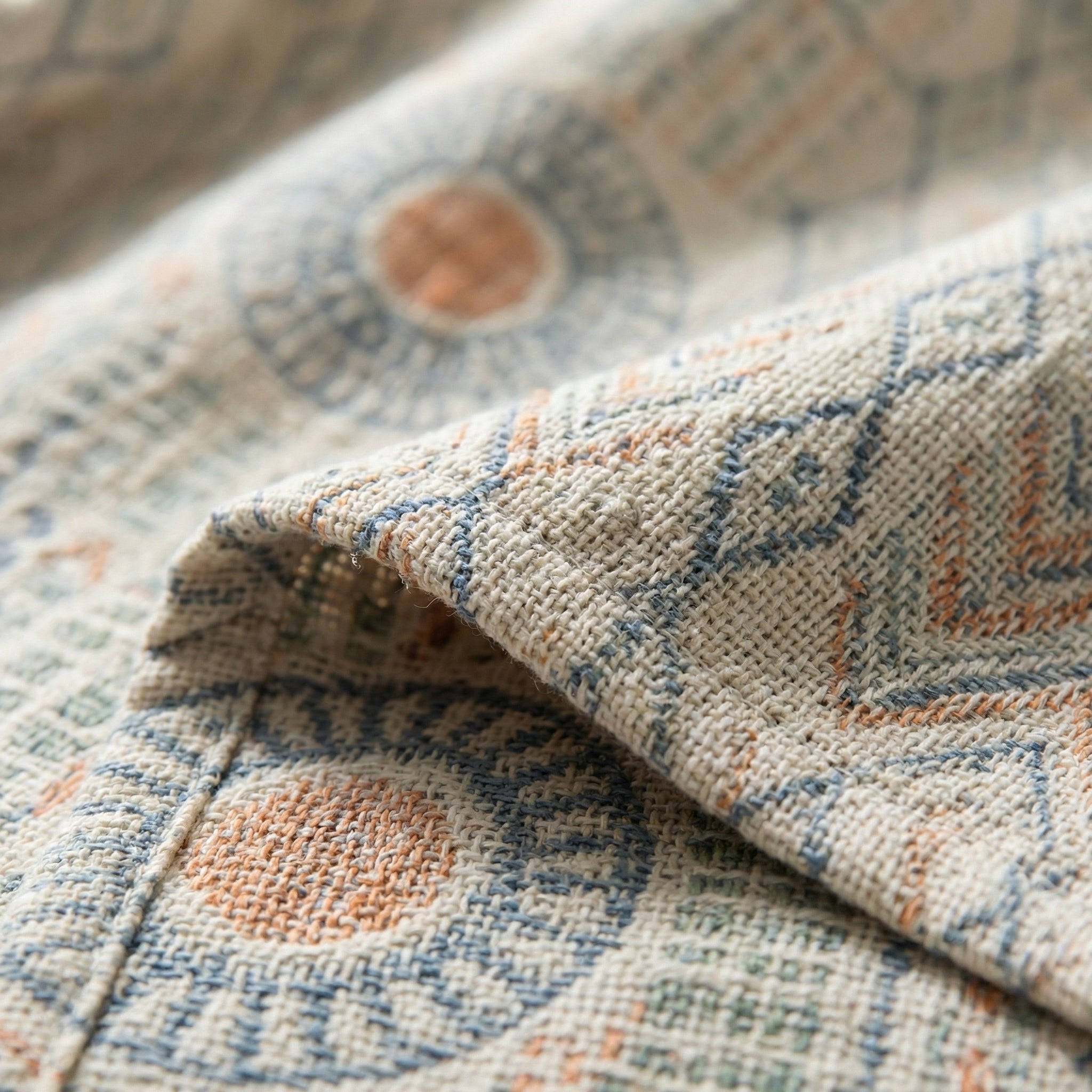 Close-up of a folded three-layer gauze cotton towel blanket with an elegant, modern geometric pattern in blue and orange.