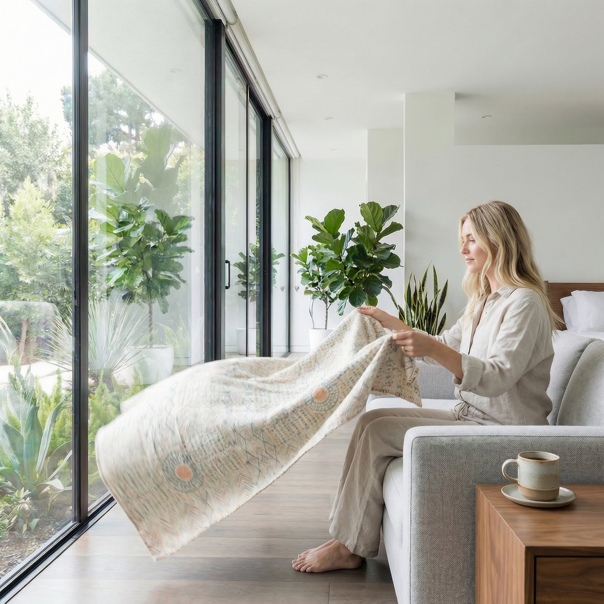 Woman in a modern room holding a light beige three-layer gauze cotton towel blanket with subtle patterns.