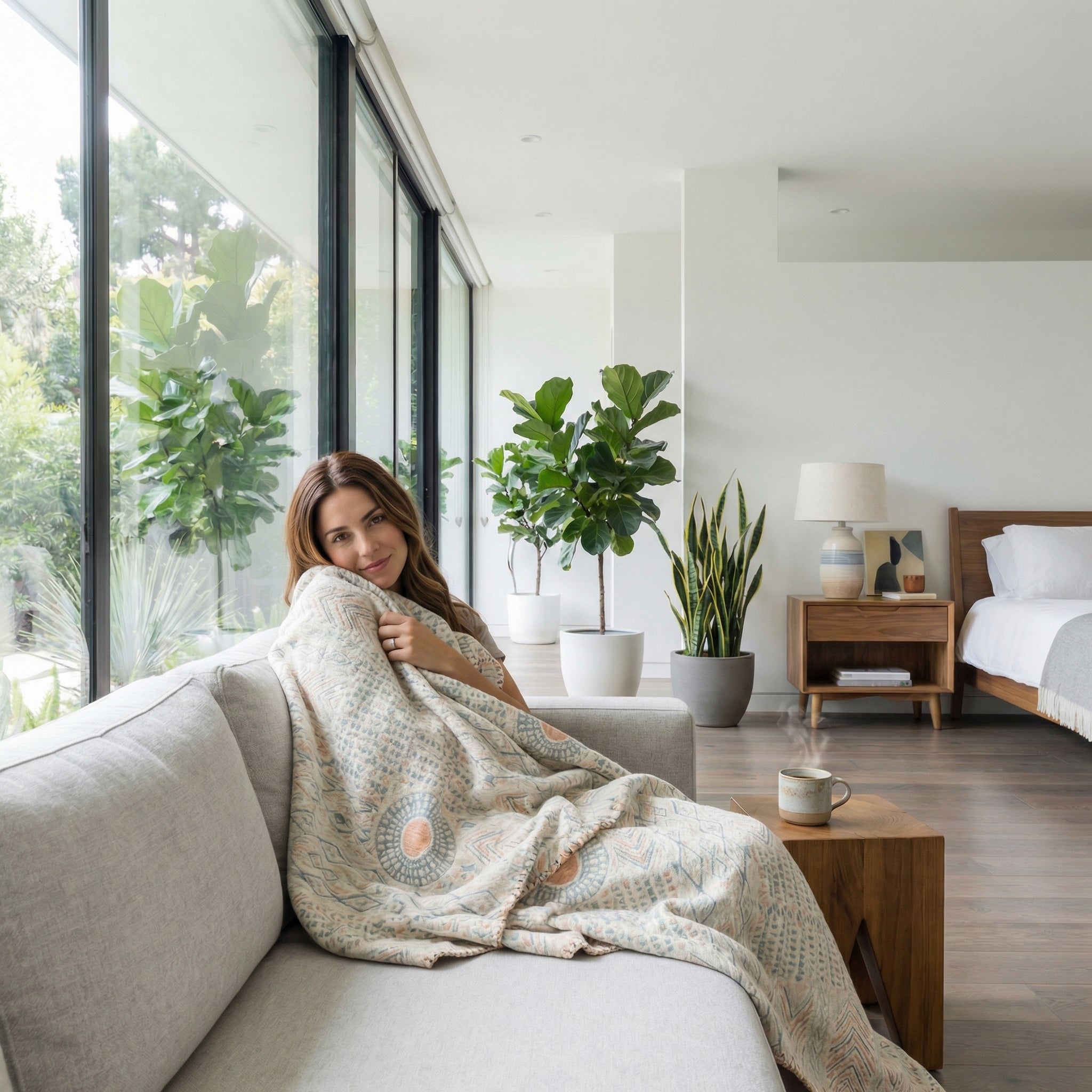 Woman on a light sofa wrapped in a cream, peach, and blue patterned three-layer gauze cotton towel blanket.