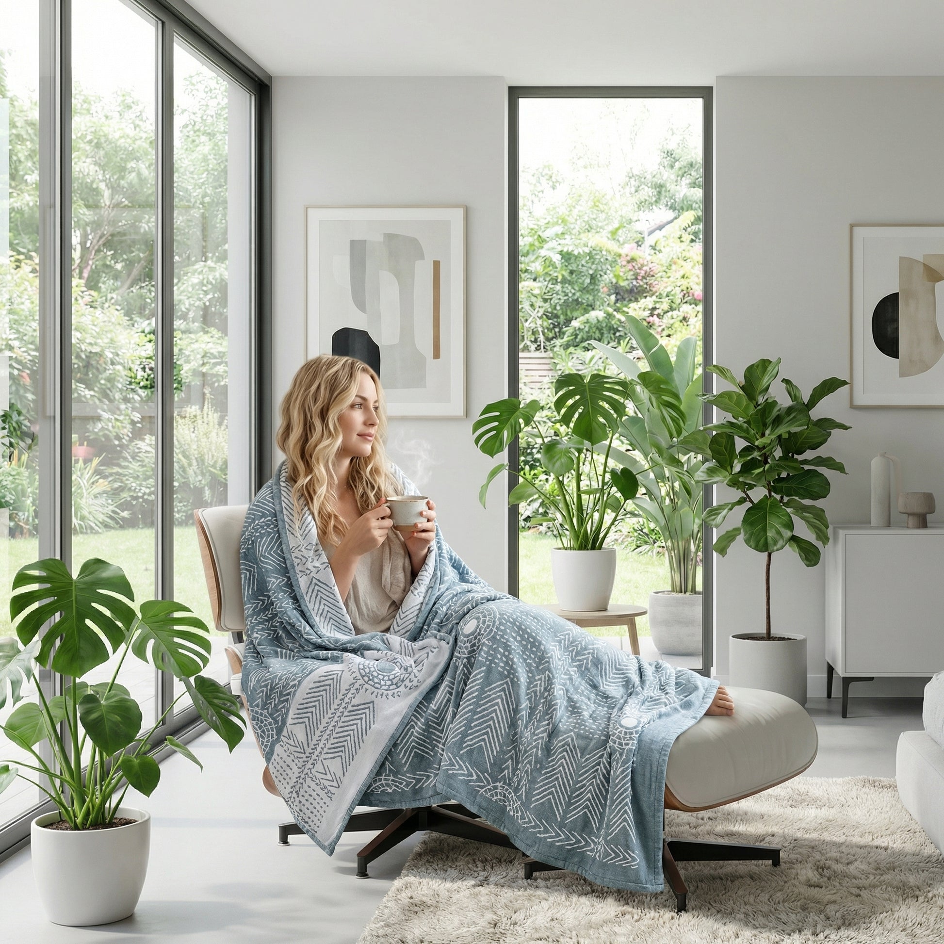 Woman relaxing in a modern room, wrapped in a light blue patterned gauze cotton towel blanket, holding a cup.