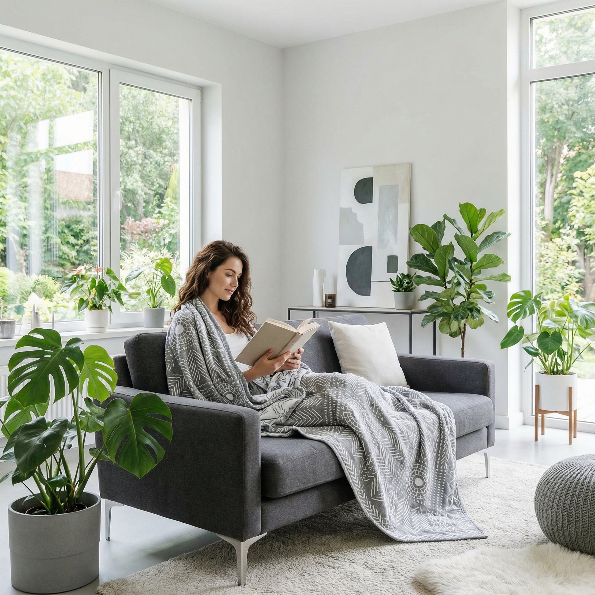 Woman relaxing on a gray sofa, covered with a soft, light gray patterned gauze cotton towel blanket, reading a book in a bright living room.