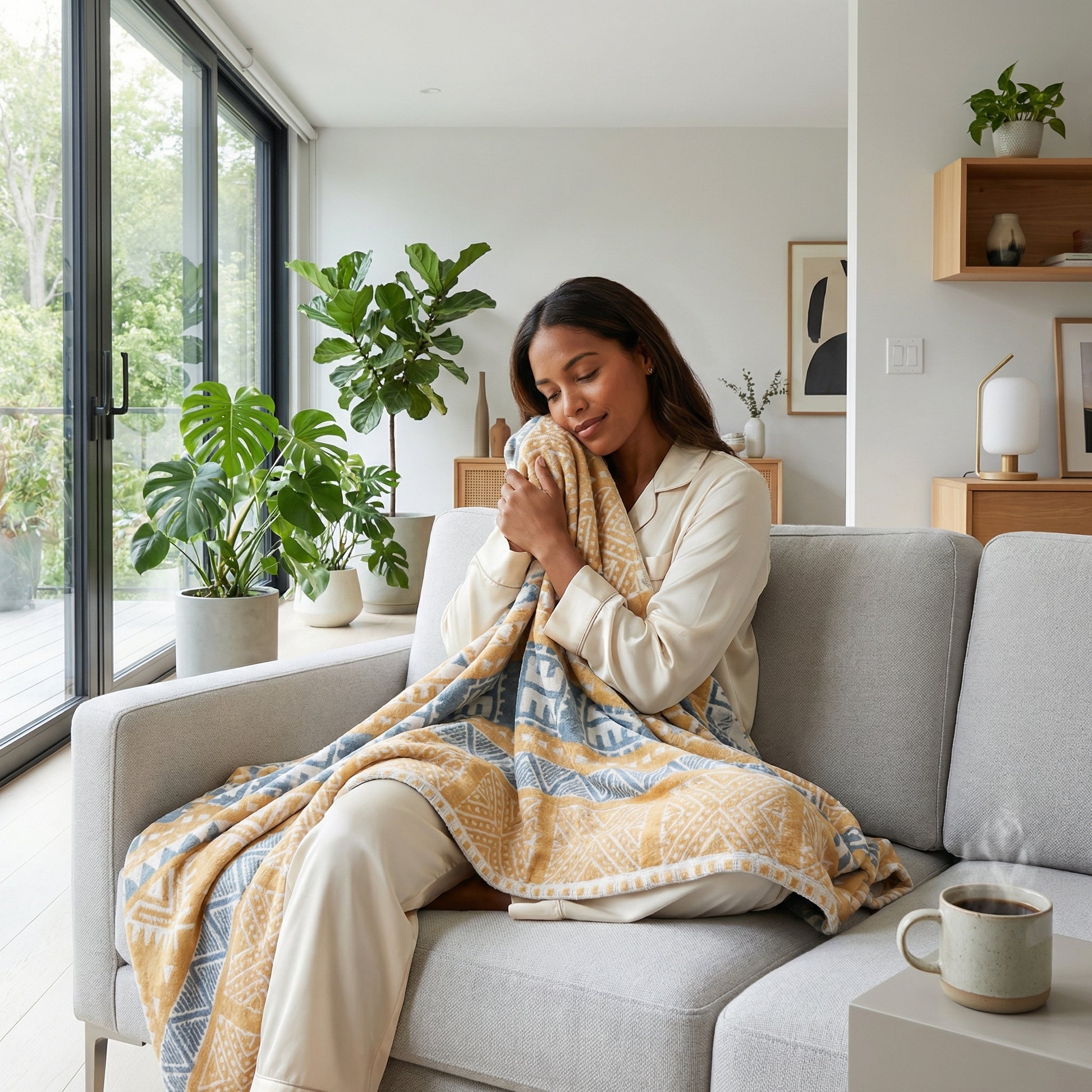 Woman on a gray couch cuddling a soft, three-layer yellow and blue patterned gauze cotton towel blanket.