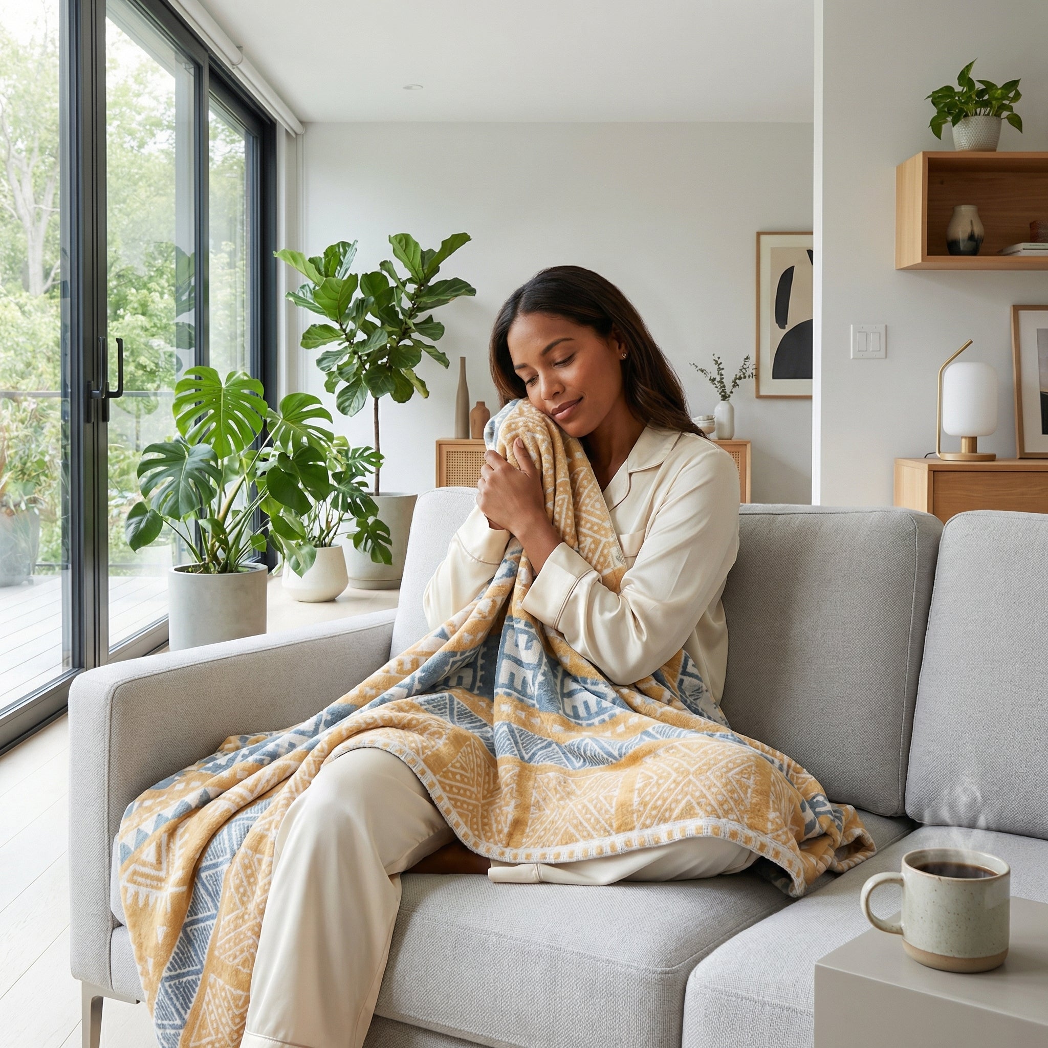 Woman on a gray couch cuddling a soft, three-layer yellow and blue patterned gauze cotton towel blanket.