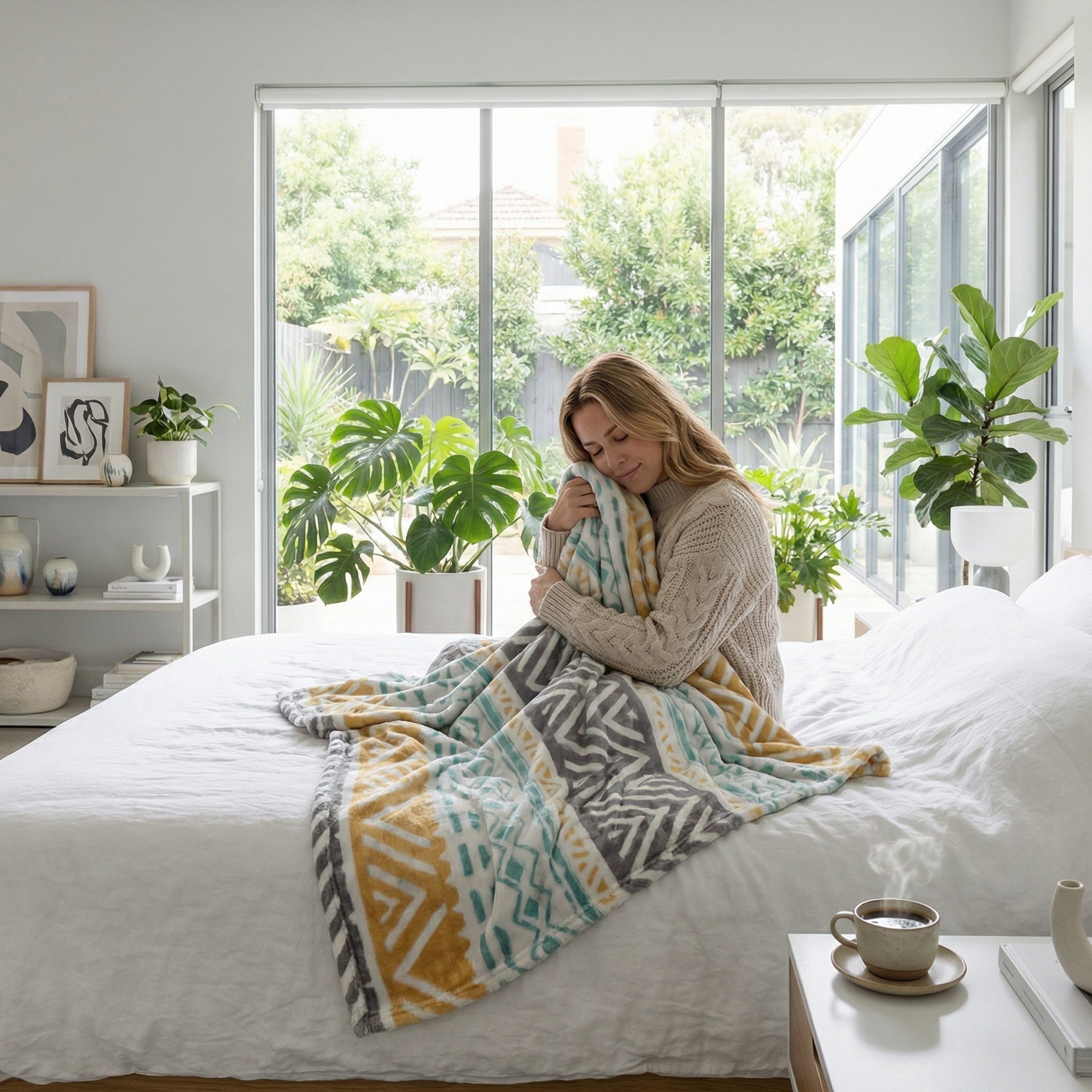 Woman on bed with a soft, three-layer gauze cotton towel blanket in a yellow, grey, and teal geometric pattern.