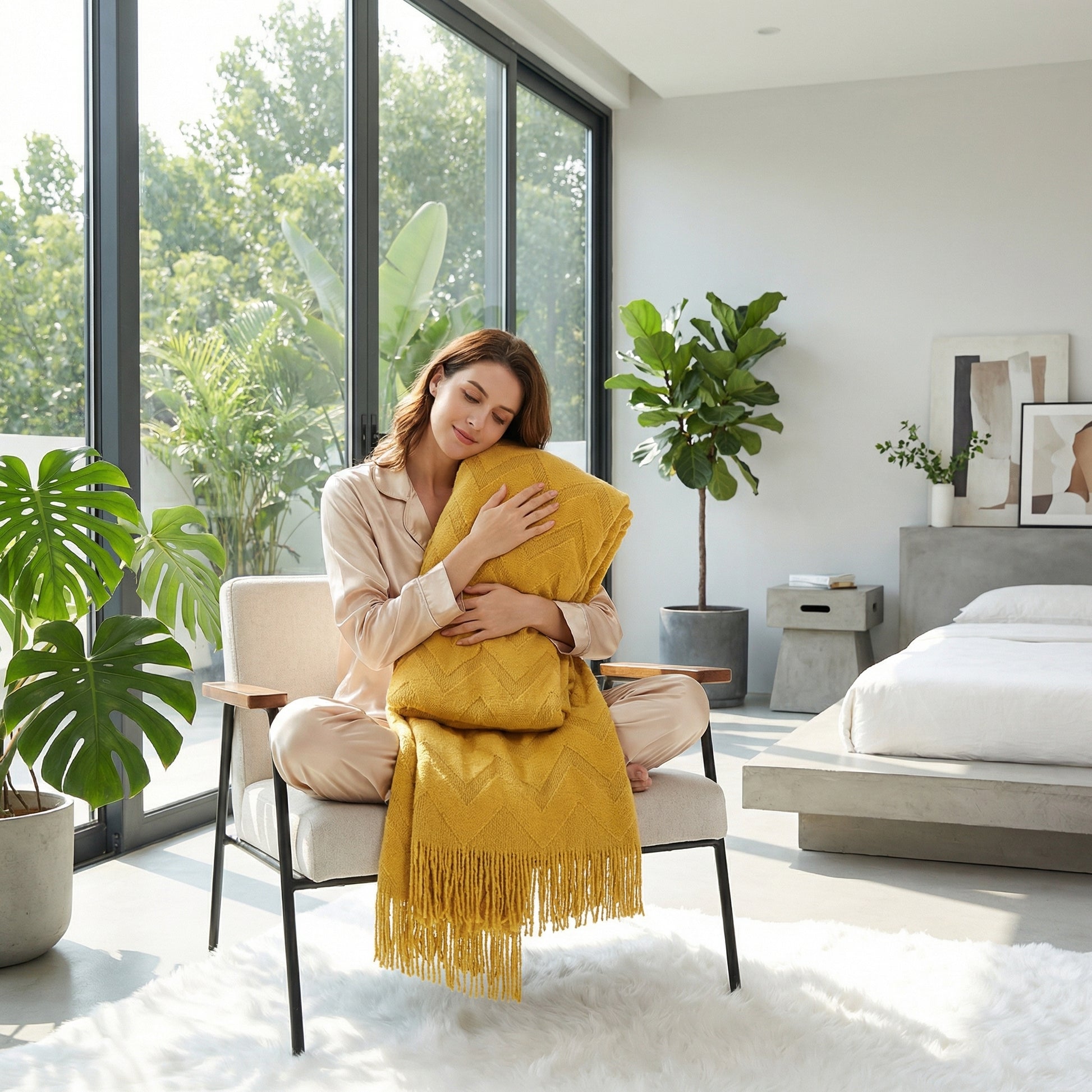 Woman in pajamas relaxing on a chair, hugging a mustard yellow knitted throw blanket with a geometric pattern and fringe.