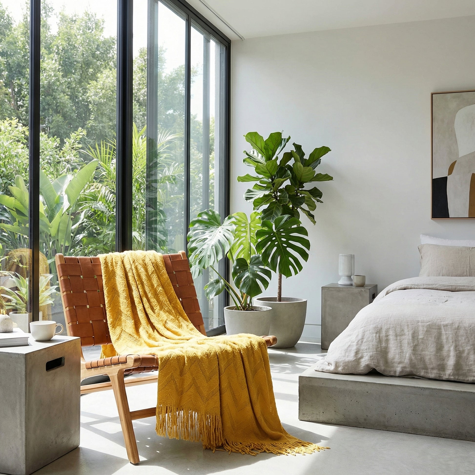 Mustard yellow knitted throw blanket with fringe draped over a brown leather chair in a bright room.