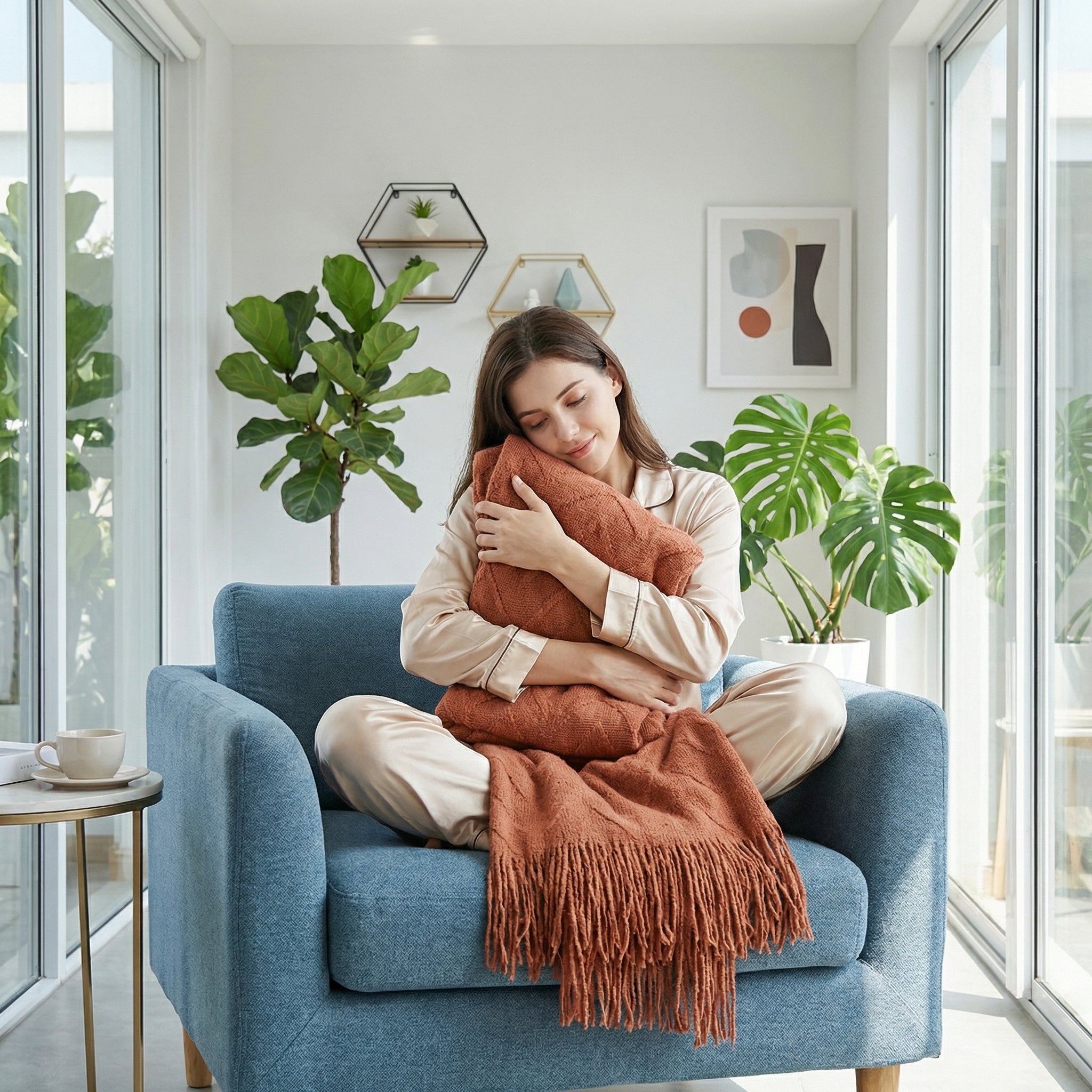Woman in pajamas hugging a soft, rust-colored geometric throw blanket with fringe on a blue armchair.