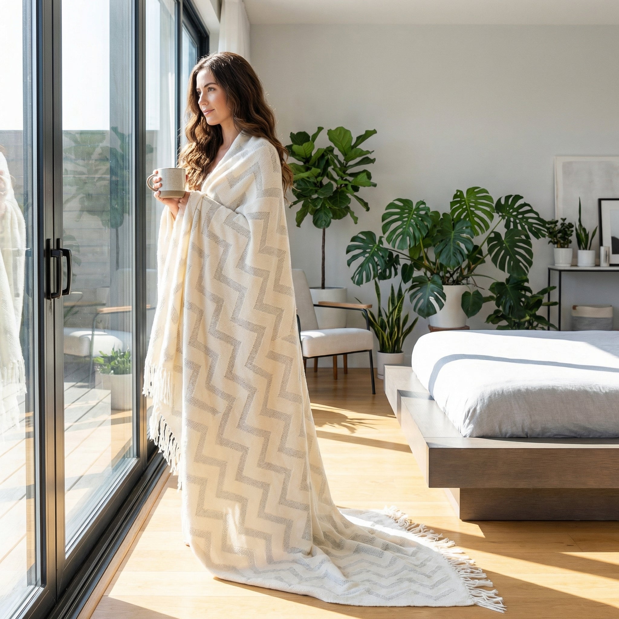 Woman wrapped in a cream geometric jacquard throw blanket, holding a mug, looking out a large window.