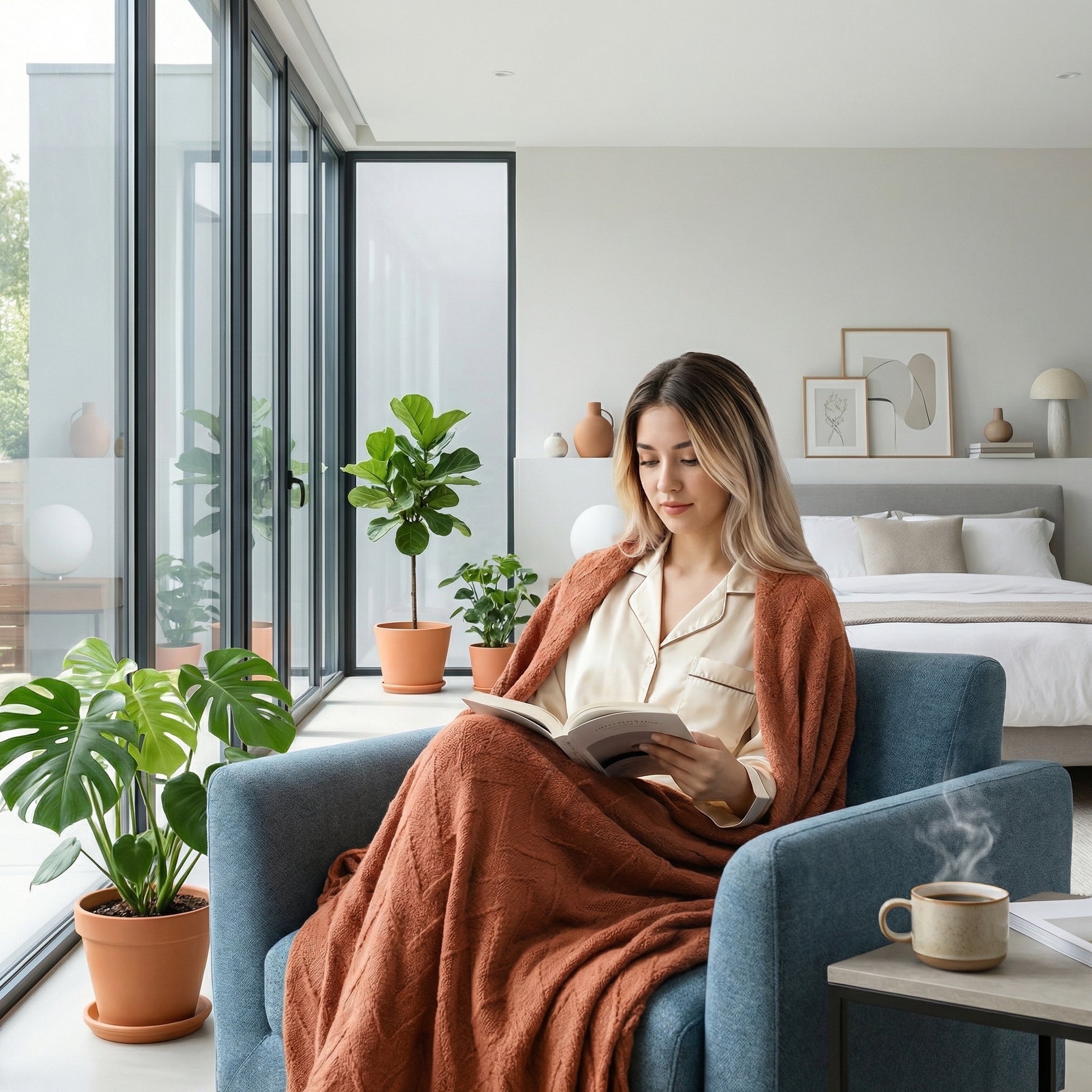 Woman in pajamas reading, covered by a textured terracotta throw blanket on a blue armchair in a modern room.