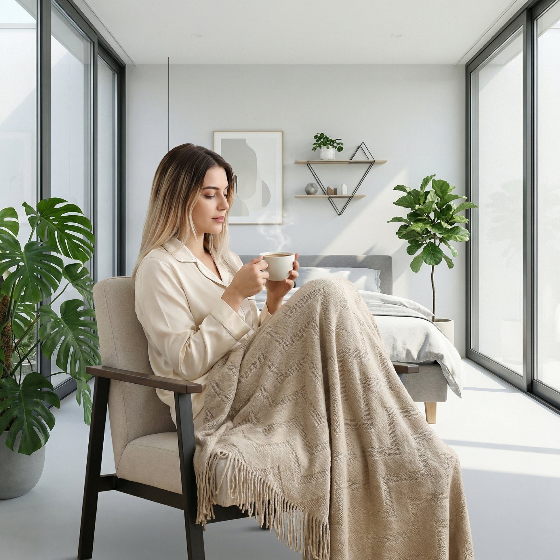 Woman relaxing in a modern bedroom, covered by a beige geometric jacquard throw blanket with fringe.