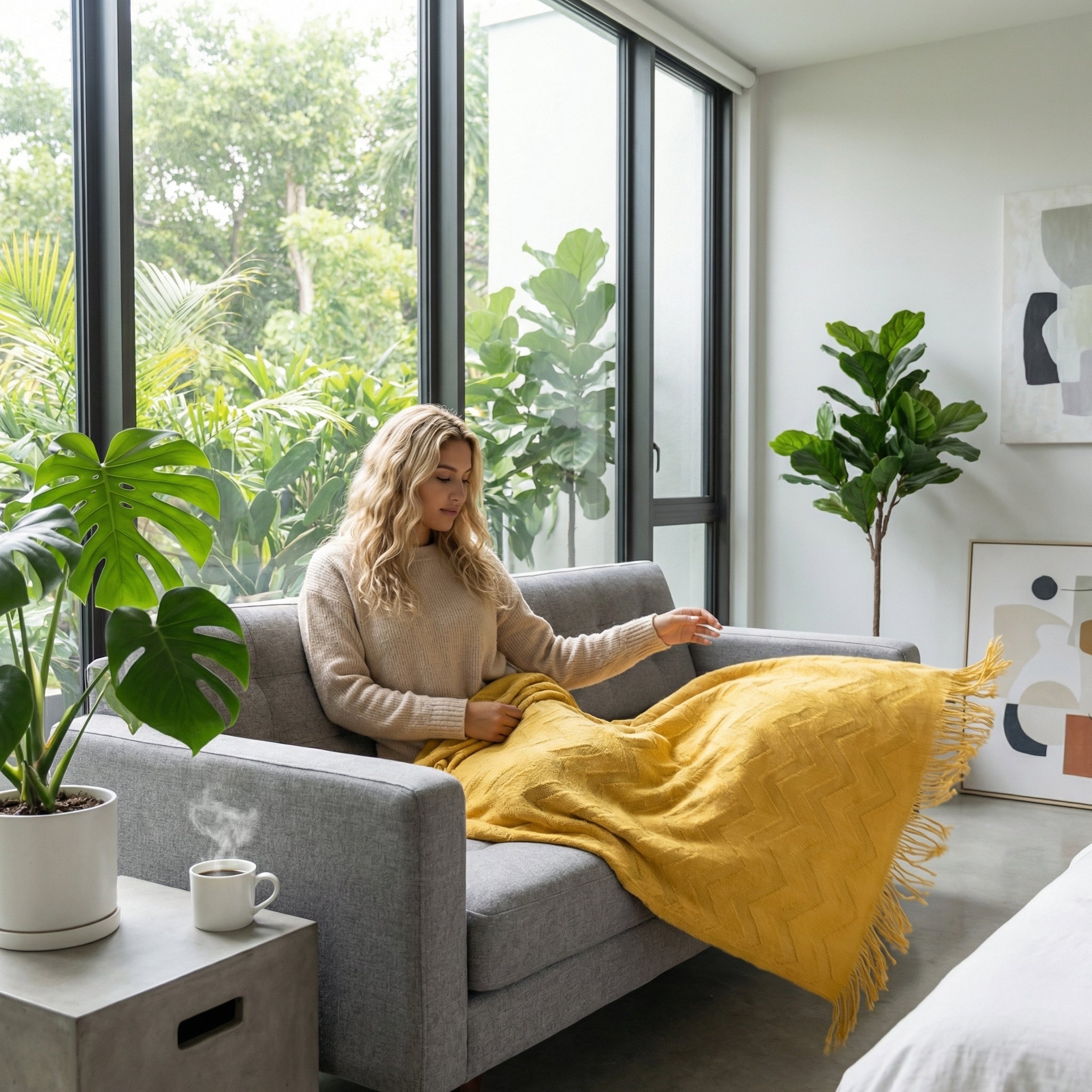 Woman on a gray sofa with a mustard yellow geometric jacquard throw blanket, coffee, and plants.