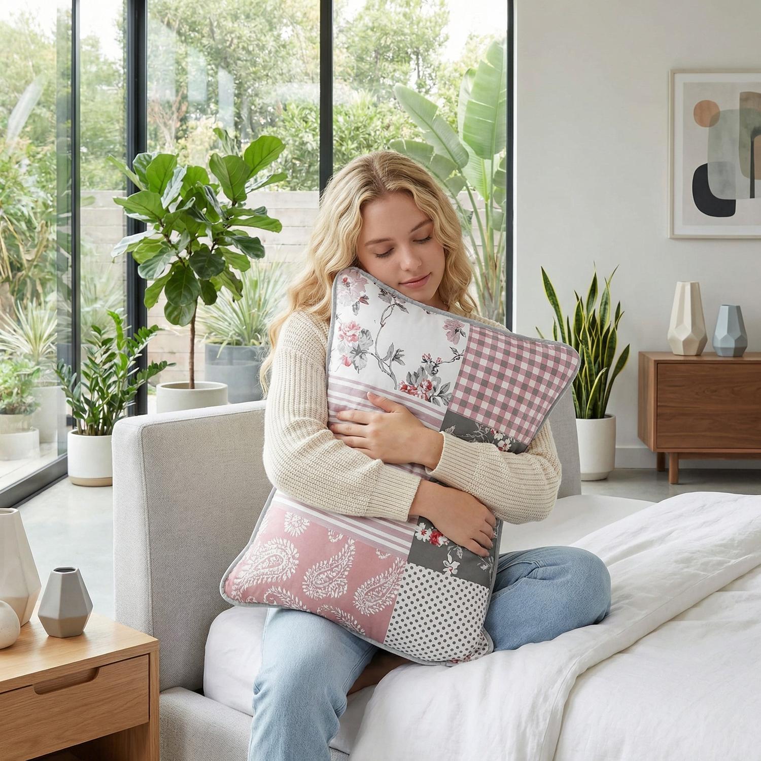 Geometric floral grid printed quilt set with elegant patterns and soft microfiber fabric.