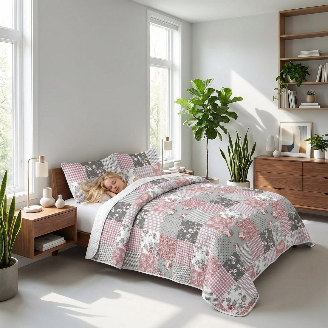 Twin geometric floral grid printed quilt set in white and blue, made of soft microfiber.