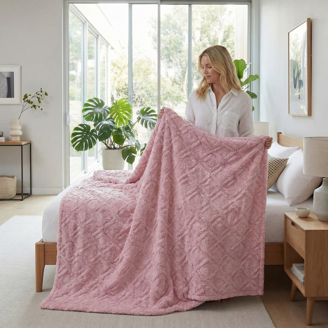 Pink plush fleece blanket with a subtle geometric pattern on a bed with a woman and child.