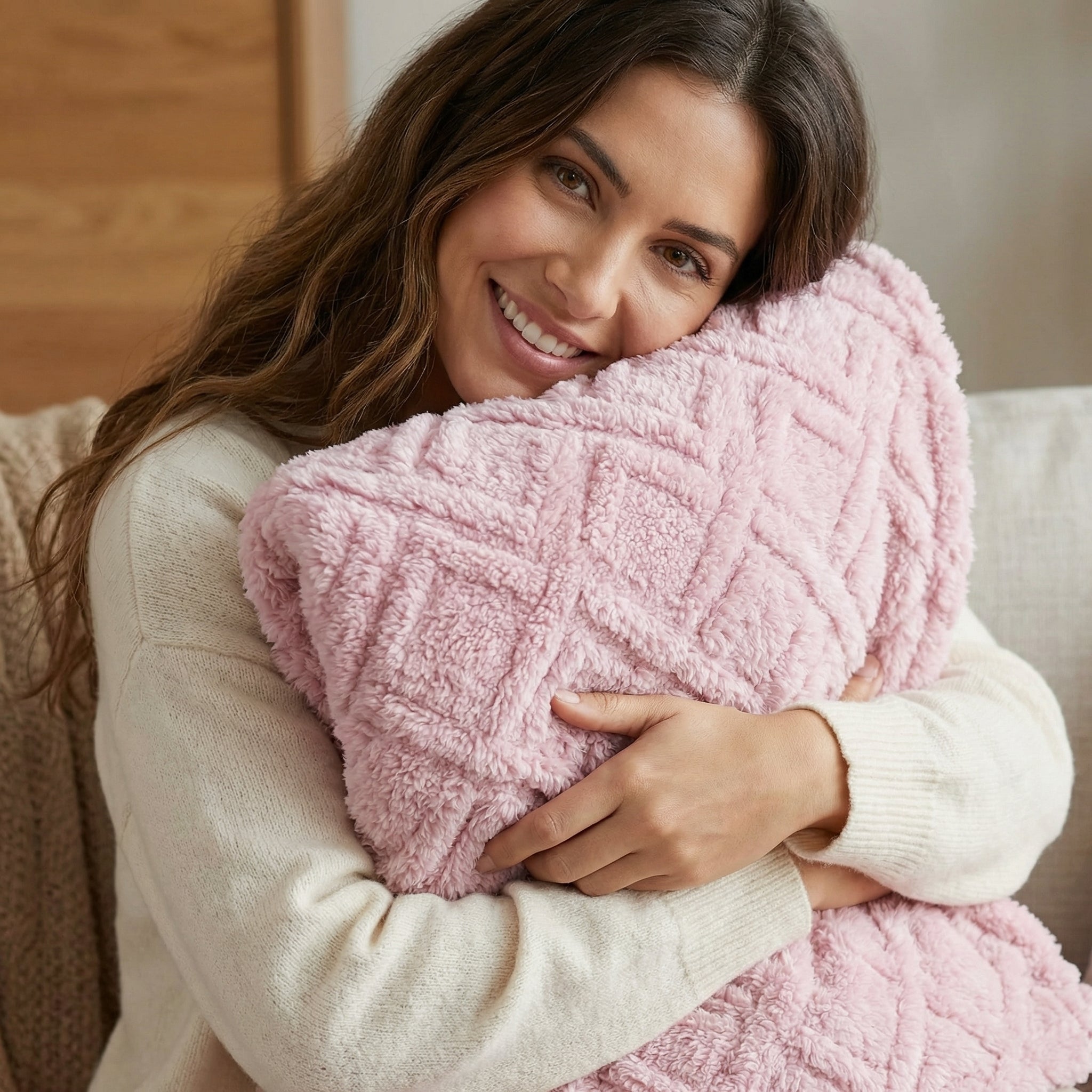 Smiling woman hugging a soft pink geometric pattern coral fleece blanket.