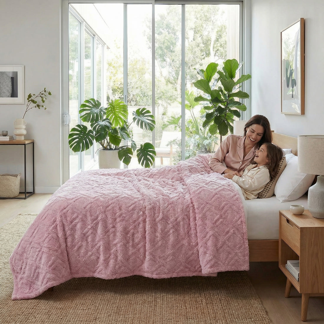 Pink plush fleece blanket with a subtle geometric pattern on a bed with a woman and child.