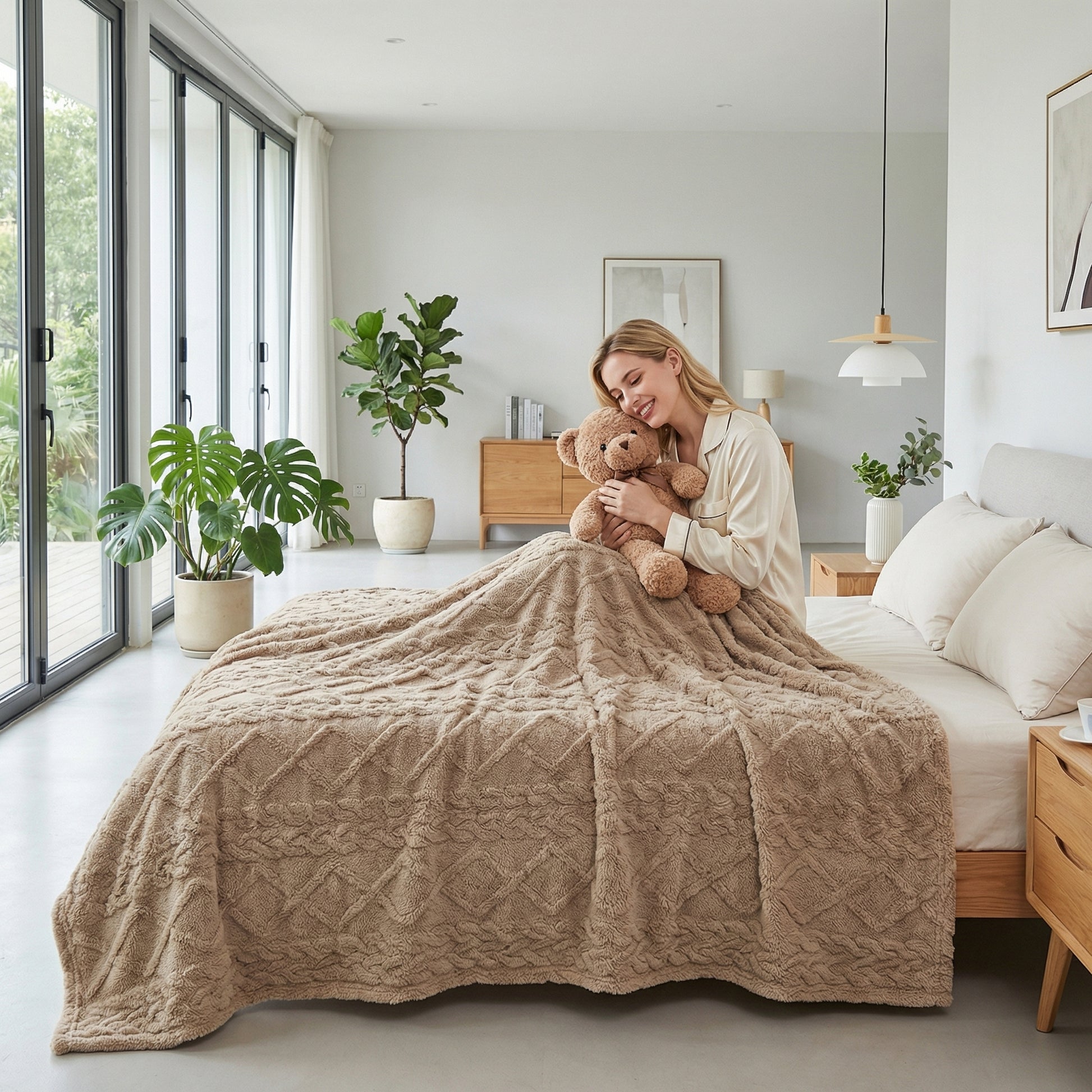 Cozy woman in bed with a soft, beige geometric pattern fleece blanket and a teddy bear.