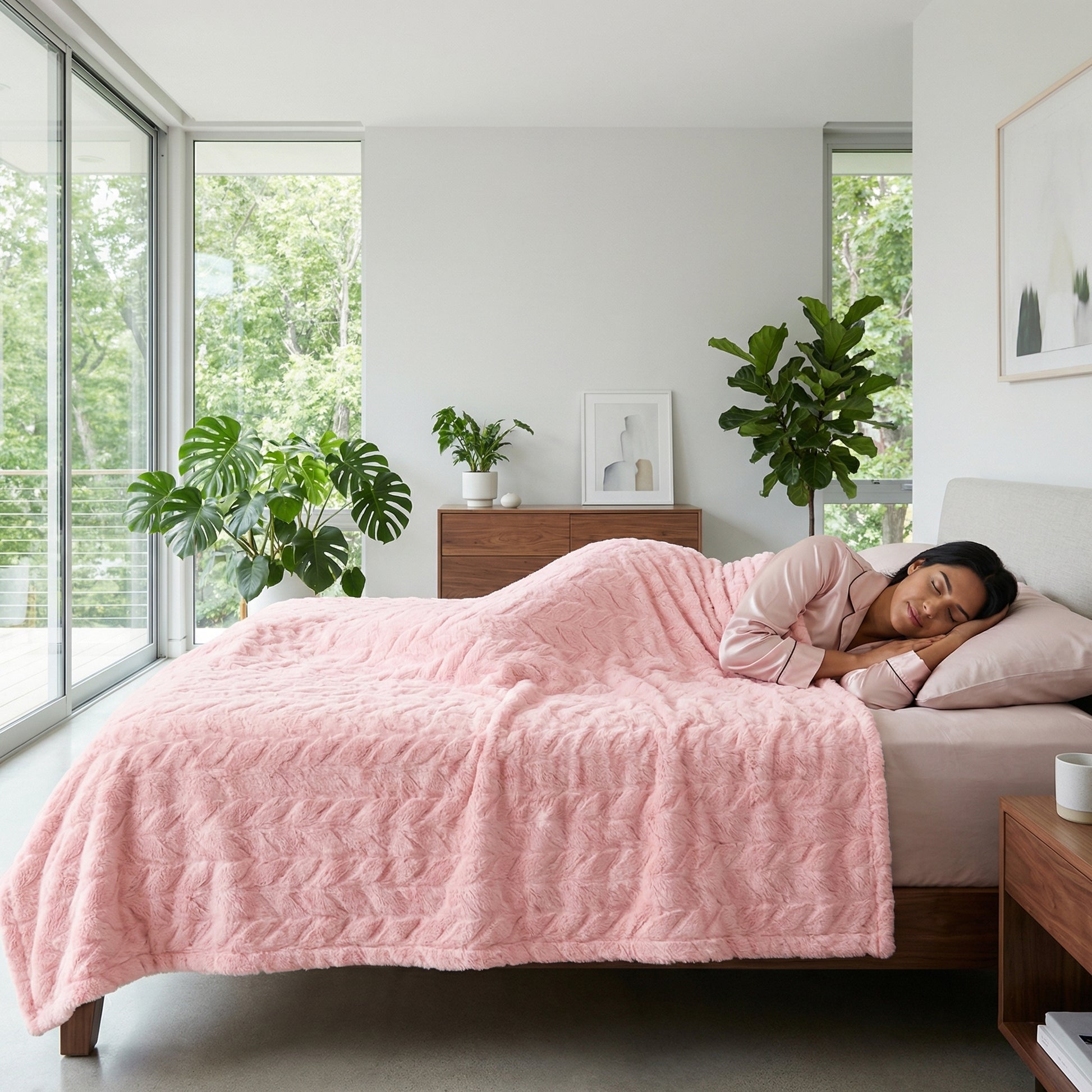 Soft pink geometric pattern fleece blanket covering a woman sleeping in a modern bedroom.