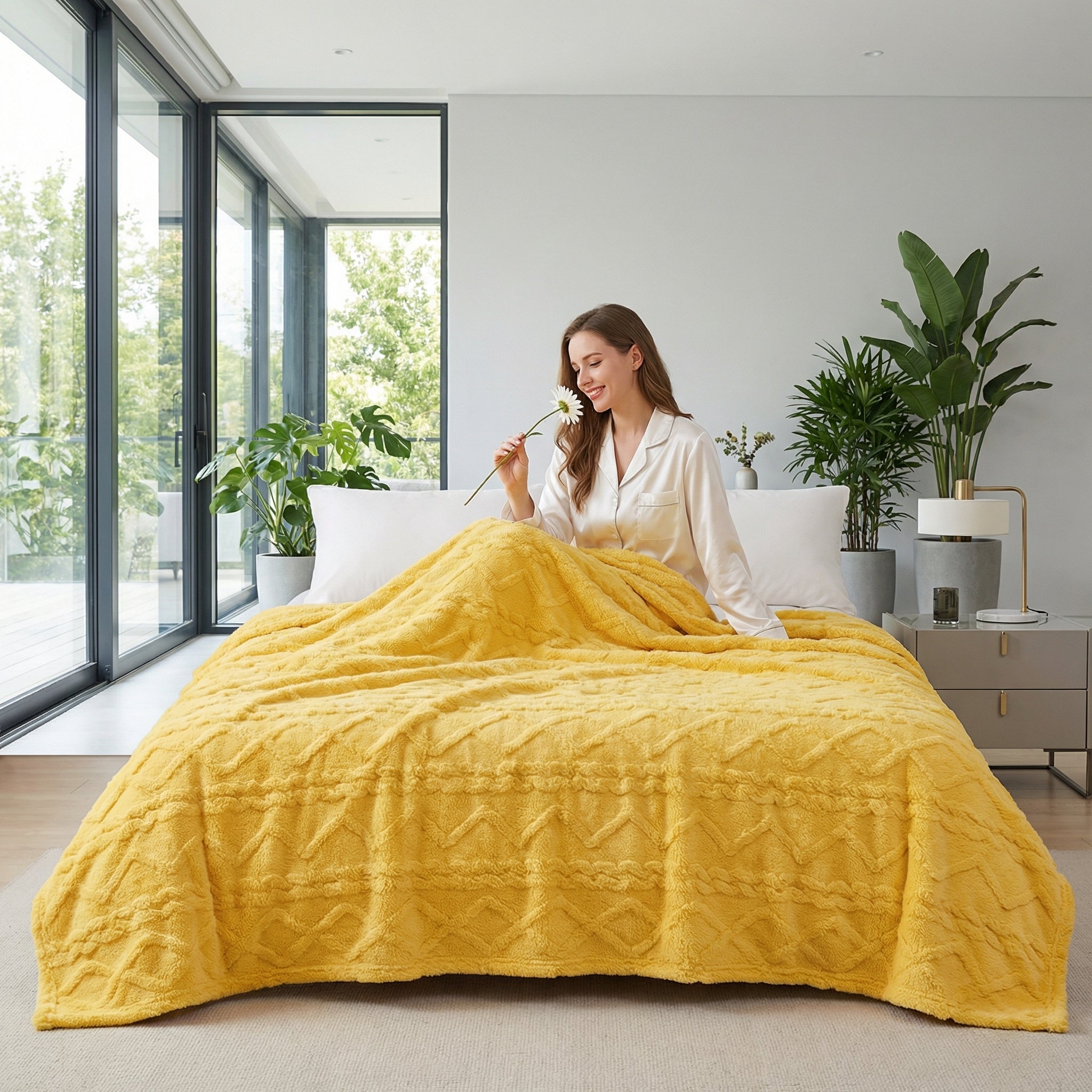 Yellow geometric pattern coral fleece blanket on a bed with a woman in pajamas holding a flower.