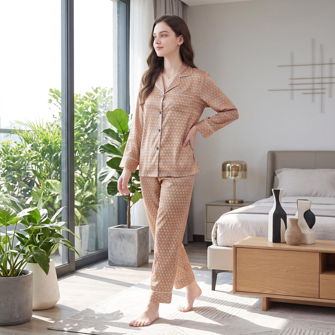 Woman wearing a tan geometric print mulberry silk pajama set with a button-up top and matching full-length pants.