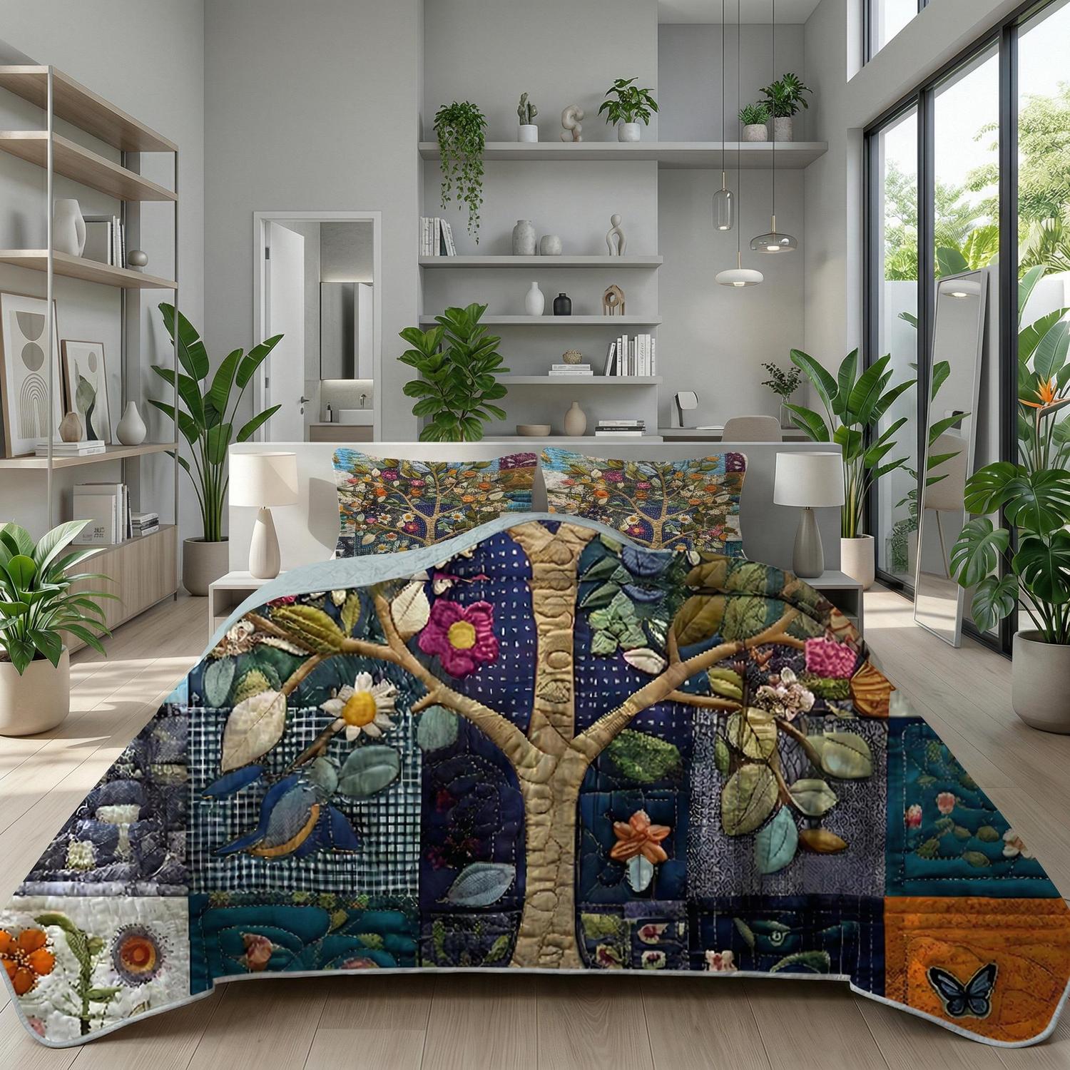 Giant tree printed quilt set with elegant patterns, made from soft microfiber.