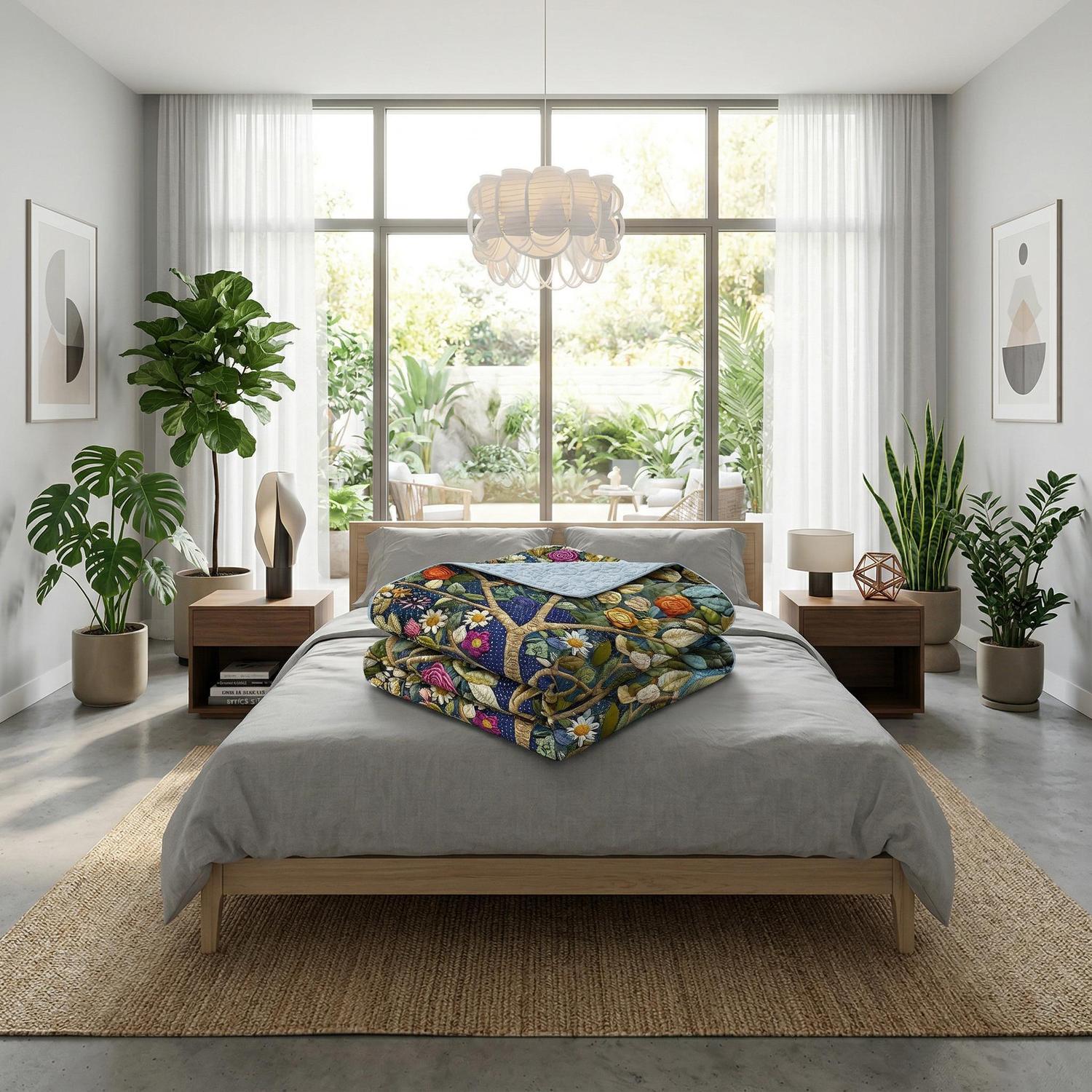 Elegant giant tree printed quilt set in white and gray, made from soft microfiber.