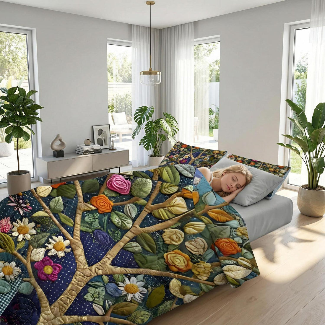 Twin Giant Tree Printed Quilt Set with elegant tree pattern on soft microfiber fabric.
