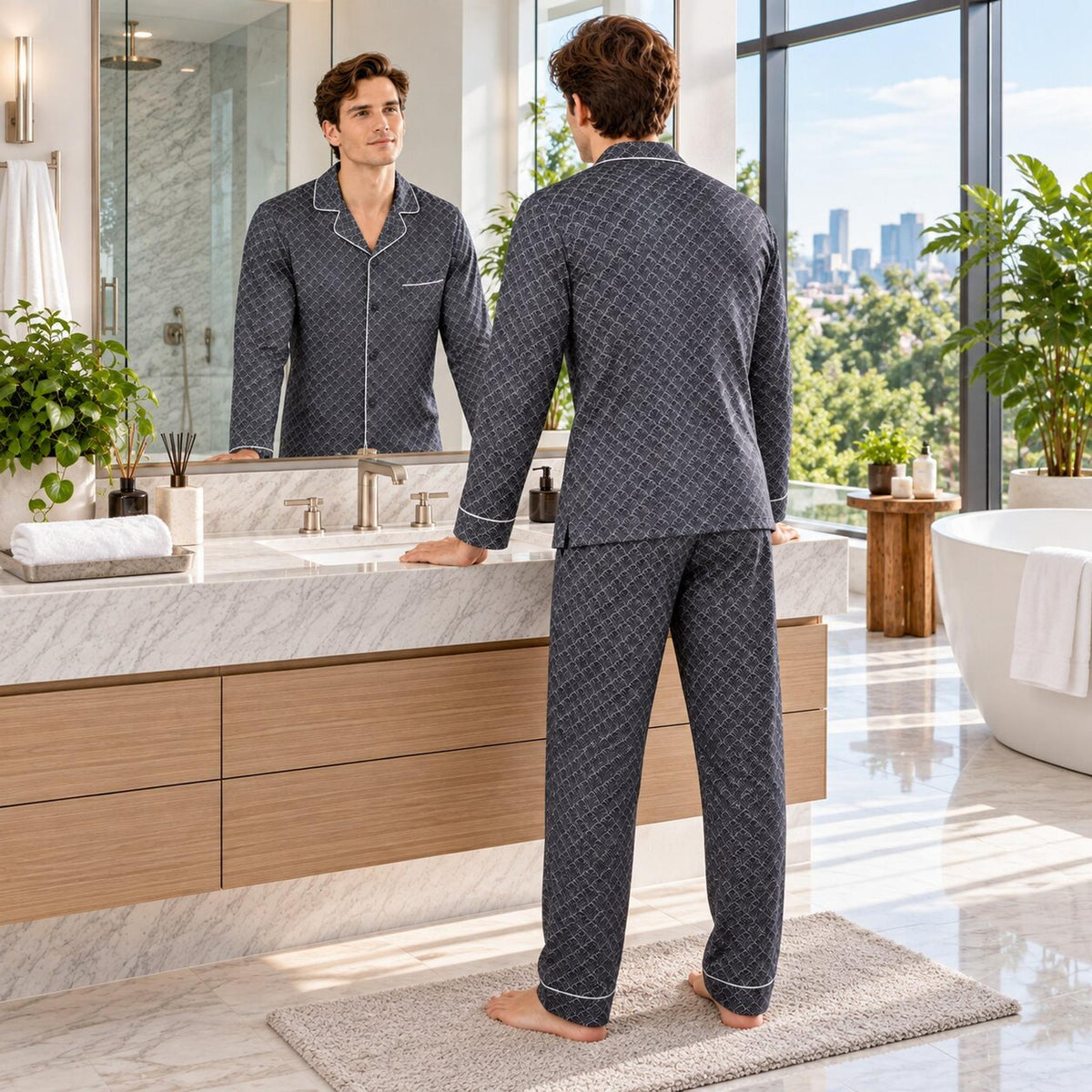 Ginkgo Print Men's Silk Pajama Set with Long Sleeve Top-Men's Pajamas-Glompi-Glompi