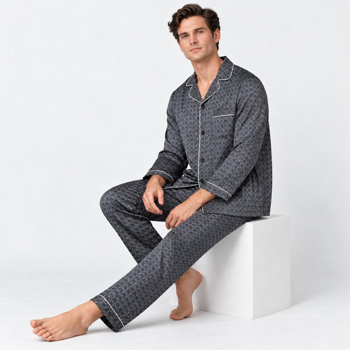 Ginkgo Print Men's Silk Pajama Set with Long Sleeve Top-Men's Pajamas-Glompi-Glompi