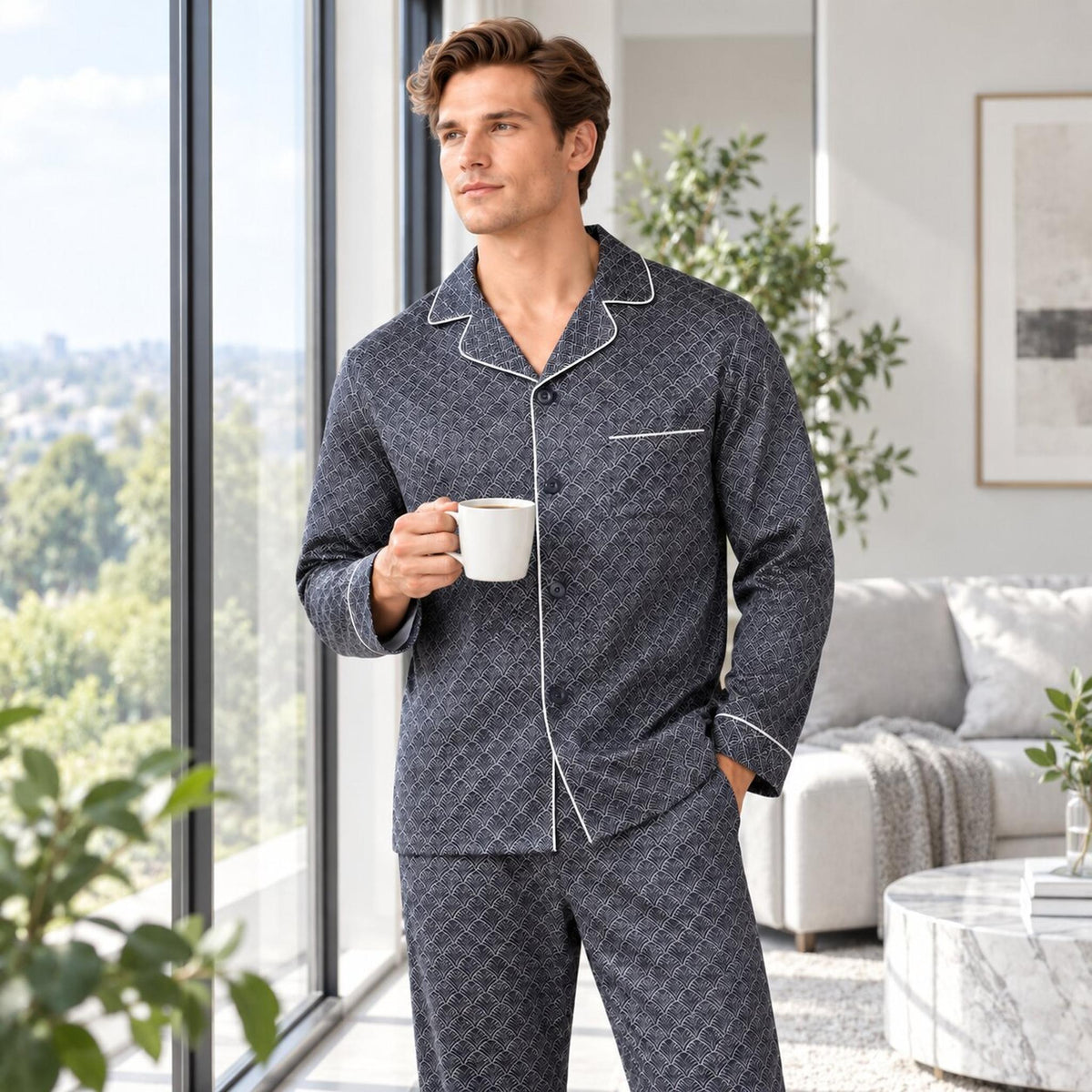 Ginkgo Print Men's Silk Pajama Set with Long Sleeve Top-Men's Pajamas-Glompi-Glompi