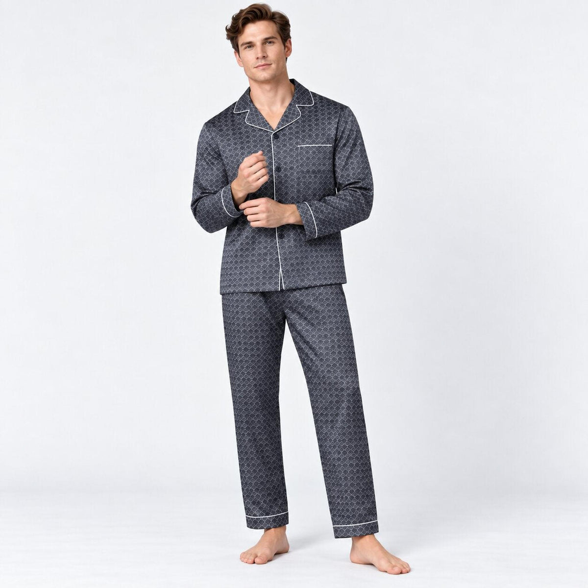 Ginkgo Print Men's Silk Pajama Set with Long Sleeve Top-Men's Pajamas-Glompi-Glompi