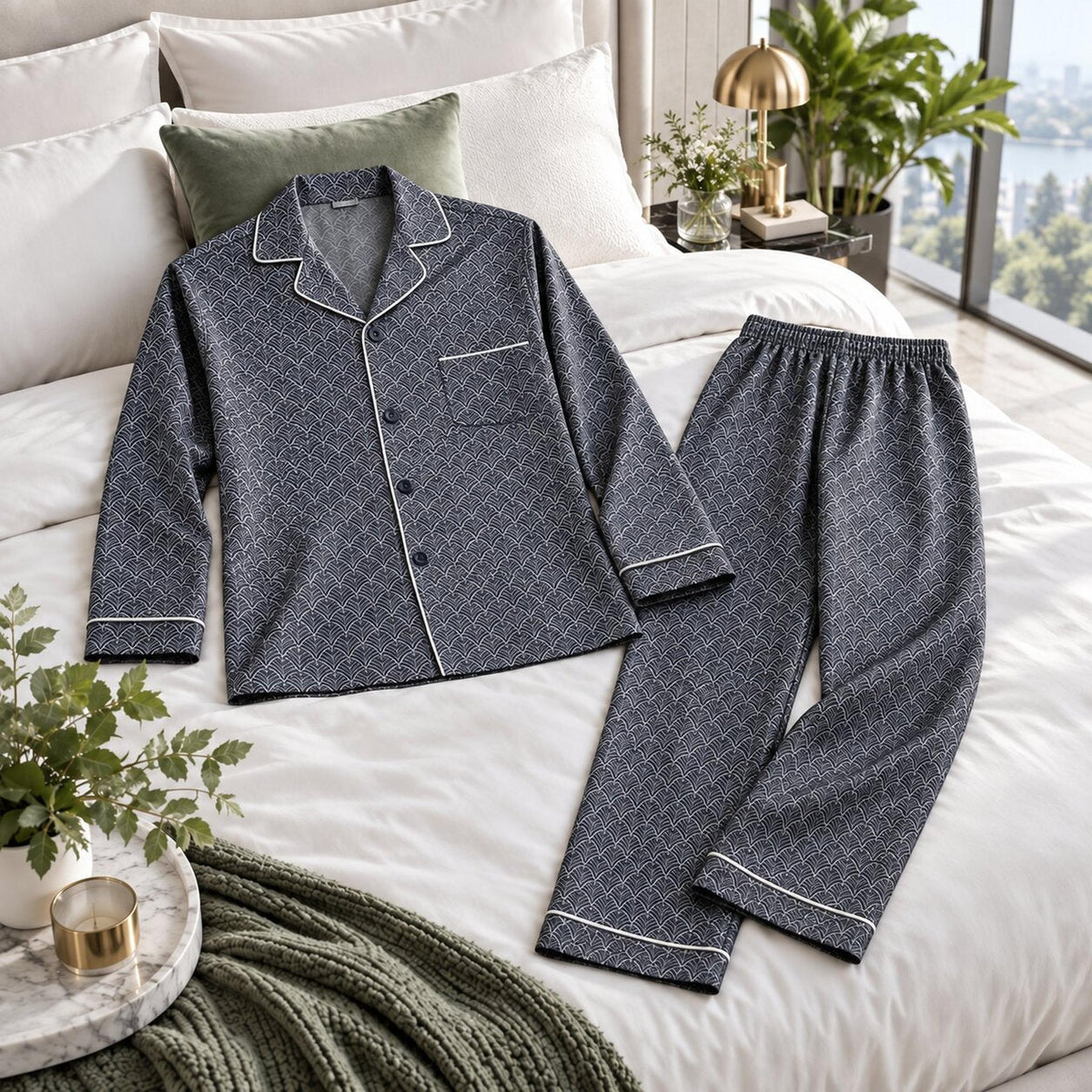 Ginkgo Print Men's Silk Pajama Set with Long Sleeve Top-Men's Pajamas-Glompi-Glompi