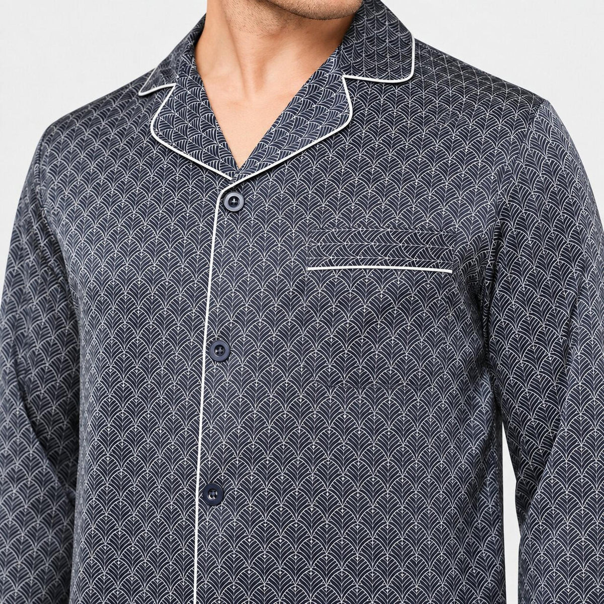 Ginkgo Print Men's Silk Pajama Set with Long Sleeve Top-Men's Pajamas-Glompi-Glompi